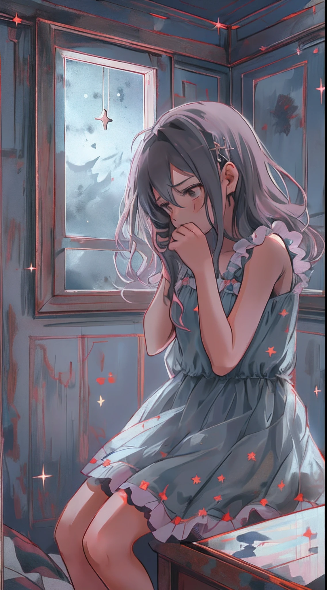 A despairing li girl in a cute dress, holding her head and shouting in pain in her room. The environment around her appears gloomy and hopeless, as if life has lost its color.,in the style of the stars art group xing xing, 32k, best quality, masterpiece, super detail, high details