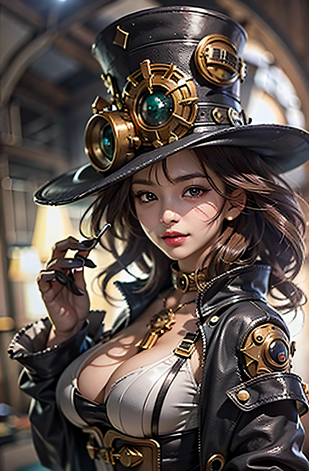 photo realism, Lady of Alafed – Steampunk costume and hat pose, steampunk beautiful anime woman, Lady in a steampunk hat, Bragging Nails, In the style of Tomás Barceló, fisheye lens, Happycore, Elements of cultural diversity, dark brown and purple, Dr. Seuss, Absinthe culture, Yang J, guweiz on artstation pixiv, stunning character art, cushart krenz key art feminine, fantasy outfit, guweiz on pixiv artstation, chengwei pan on artstation, the style of wlop