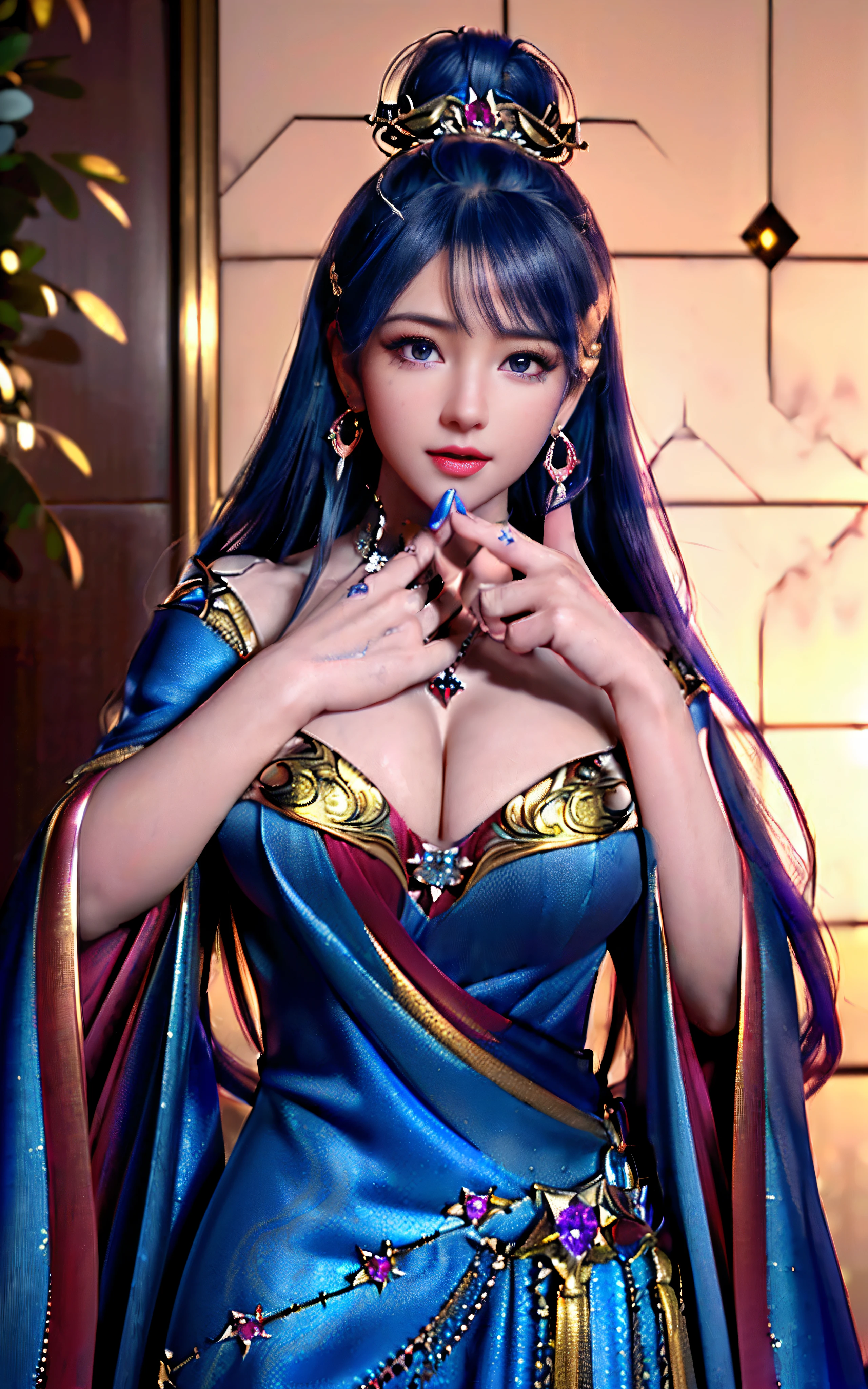 ((realisticity: 1.2)), ((realistic: 8K UHD)), ((best resolution: 8K UHD)), hyper detailed, best quality,masterpiece,highres,cg, ((1 girl hyper detailed and hyper realistic) ) , ((beautiful queen, hyper realistic and hyper detailed)),((white skin, beautiful, smooth, youthful, hyper realistic and hyper detailed )), ((Face hyper beautiful, white, hyper realistic and hyper detailed ) ), long hair, ((hyper realistic and hyper detailed dress)), solo, ((hyper realistic, hyper beautiful, beautiful and hyper detailed jewelry)), ((hyper beautiful deep red and golden yellow dress, hyper realistic and hyper detailed )) , ((Her pretty, hyper realistic, hyper detailed diamond filled earrings)), ((Her gorgeous diamond haircut, hyper realistic and hyper detailed)), ((hyper pretty upper body, hyper beautiful, hyper realistic and hyper detailed) ), ((medium breast: 1.1)), ((hyper realistic, hyper pretty, hyper detailed boobs)), ((the backgroun of the royal palace is hyper majestic, hyper realistic and hyper detailed)),((hands and palms hyper beautiful, hyper detailed, hyper realistic)), ((hyper detailed and hyper realistic fingers and fingernails)), ((hyper pretty fingernails, hyper vivid, hyper detailed, hyper realistic)), ((thumb, index finger, middle finger, ring finger, little finger hyper vivid, hyper pretty, hyper detailed, hyper realistic)),
((hyper beautiful fingers, hyper detailed, and hyper realistic)), ((posture not too fat and not too thin, hyper realistic, hyper detail)), ((hyper pretty, hyper pretty, hyper realistic and hyper detailed hair bun)), ((hyper pretty , hyper realistic and hyper detailed blue hair)), candid, Photo, high resolution, 8k , bokeh,