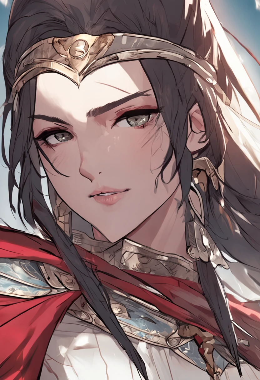 ancient wind，Long flowing hair，A female warrior in white and dyed blood，Carry a long sword，Eyebrows are clear，There is a murderous aura in the eyebrows，Posture，Headbands，Loose hair，realisticlying，paleskin，heroic look，Dynamic Angle, reflective light, Ray tracing, Delicate background