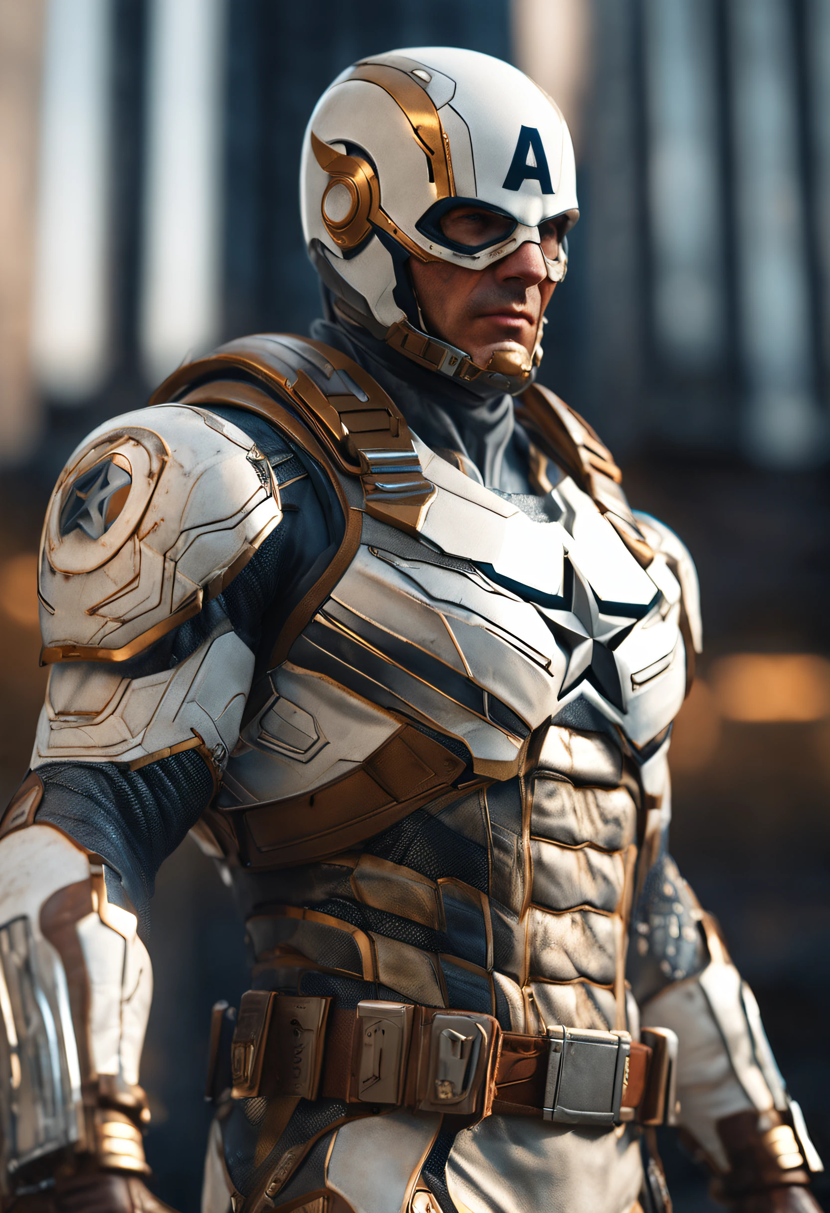 full body shot of captain america in white and gold armour style suit, no mask on, white cape, looking at center camera, perfect composition, beautiful detailed intricate insanely detailed octane render trending on artstation, 8 k artistic photography, photorealistic concept art, soft natural volumetric cinematic perfect light, chiaroscuro, award - winning photograph, masterpiece, oil on canvas, raphael, caravaggio, greg rutkowski, beeple, beksinski, giger, trending on artstation, sharp focus, studio photo, intricate details, highly detailed, night city background, by greg rutkowski