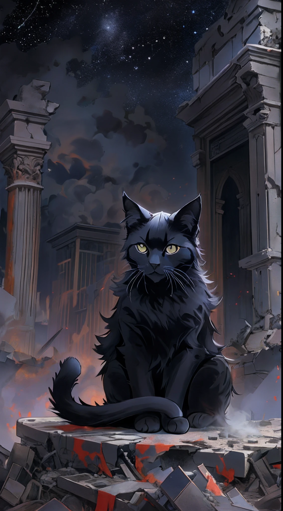 A black cat sitting in the desolate ruins of a city, surrounded by thick smoke, covered in thick dust, with its head down as if sighing for this lifeless world.,in the style of the stars art group xing xing, 32k, best quality, masterpiece, super detail, high details