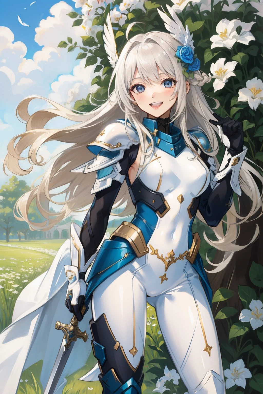 (​master piece, Best Quality),  Intricate details, valkyrie, kawaii, Happy, (((Laugh))), smirk, Hand up, Looking at Viewer, Feather Headgear, Flower meadow, 
1 girl in, Solo, Portrait, Tentacle Plutinum Blonde Hair, droopy black eyes, Silver Single Thigh, White Independent Single Sleeve, gloves, Single braid, 
 mecha musume, White bodysuit, Silver Reinforced Suit, Mini Feather Wing, silver pantyhose, full armor, flower decoration, equip sword, equip mini shield