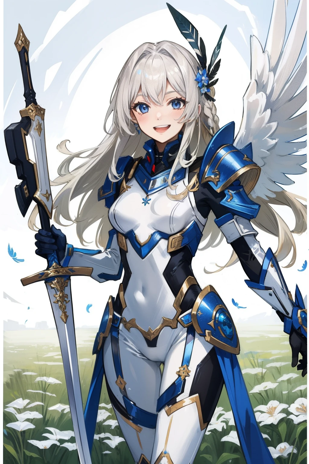 (master piece, Best Quality), Intricate details, valkyrie, kawaii, Happy, (((Laugh))), smirk, Hand up, Looking at Viewer, Feather Headgear, Flower meadow,
1 girl in, Solo, Portrait, Tentacle Plutinum Blonde Hair, droopy black eyes, Silver Single Thigh, White Independent Single Sleeve, gloves, Single braid,
mecha musume, White bodysuit, Silver Reinforced Suit, Mini Feather Wing, silver pantyhose, full armor, flower decoration, equip sword, equip mini shield