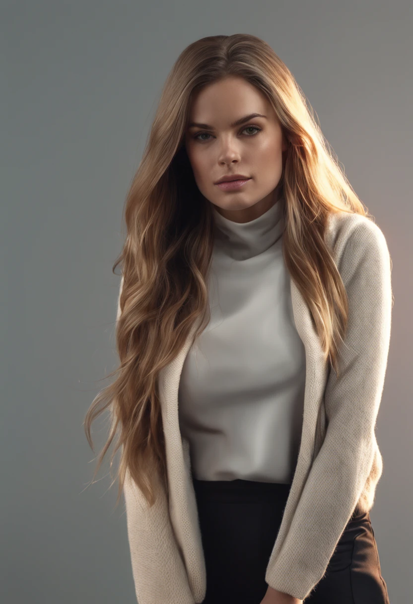 Generate a hyper-realistic, high-resolution (4K or higher) portrait of a human. The subject should be a female in her mid-20s, with medium-length straight blonde hair, blue eyes, and a fair skin tone. She should be dressed in a black turtleneck sweater. Position her in a dimly lit setting with a dark, blurred background to focus solely on the subject. The lighting should be soft but frontal, illuminating her face evenly. Her expression should be intense and enigmatic, with a focused gaze directly into the camera. Her mouth should be closed, portraying a subtle, serious expression. The style should be photorealistic, capturing the subtle nuances of her face and attire. The image should look as if it was taken by a high-end DSLR camera with a prime lens, and it should closely resemble the style and atmosphere of the example provided.