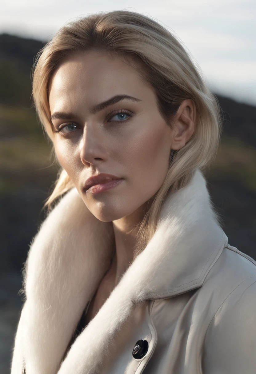 Generate a hyper-realistic, high-resolution (4K or higher) portrait of a human. The subject should be a female in her mid-20s, with medium-length straight blonde hair, blue eyes, and a fair skin tone. She should be dressed in a black turtleneck sweater. Position her in a dimly lit setting with a dark, blurred background to focus solely on the subject. The lighting should be soft but frontal, illuminating her face evenly. Her expression should be intense and enigmatic, with a focused gaze directly into the camera. Her mouth should be closed, portraying a subtle, serious expression. The style should be photorealistic, capturing the subtle nuances of her face and attire. The image should look as if it was taken by a high-end DSLR camera with a prime lens, and it should closely resemble the style and atmosphere of the example provided.