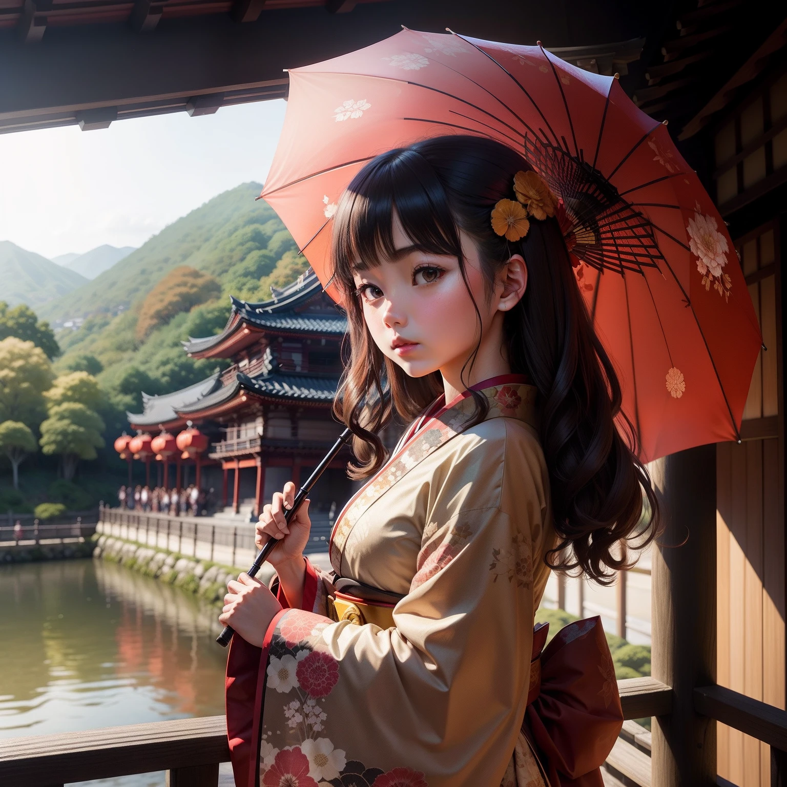 Kiyomizu-dera Temple、autumnal、komono、teens girl、An umbrella、Hands up、Gorgeous kimono