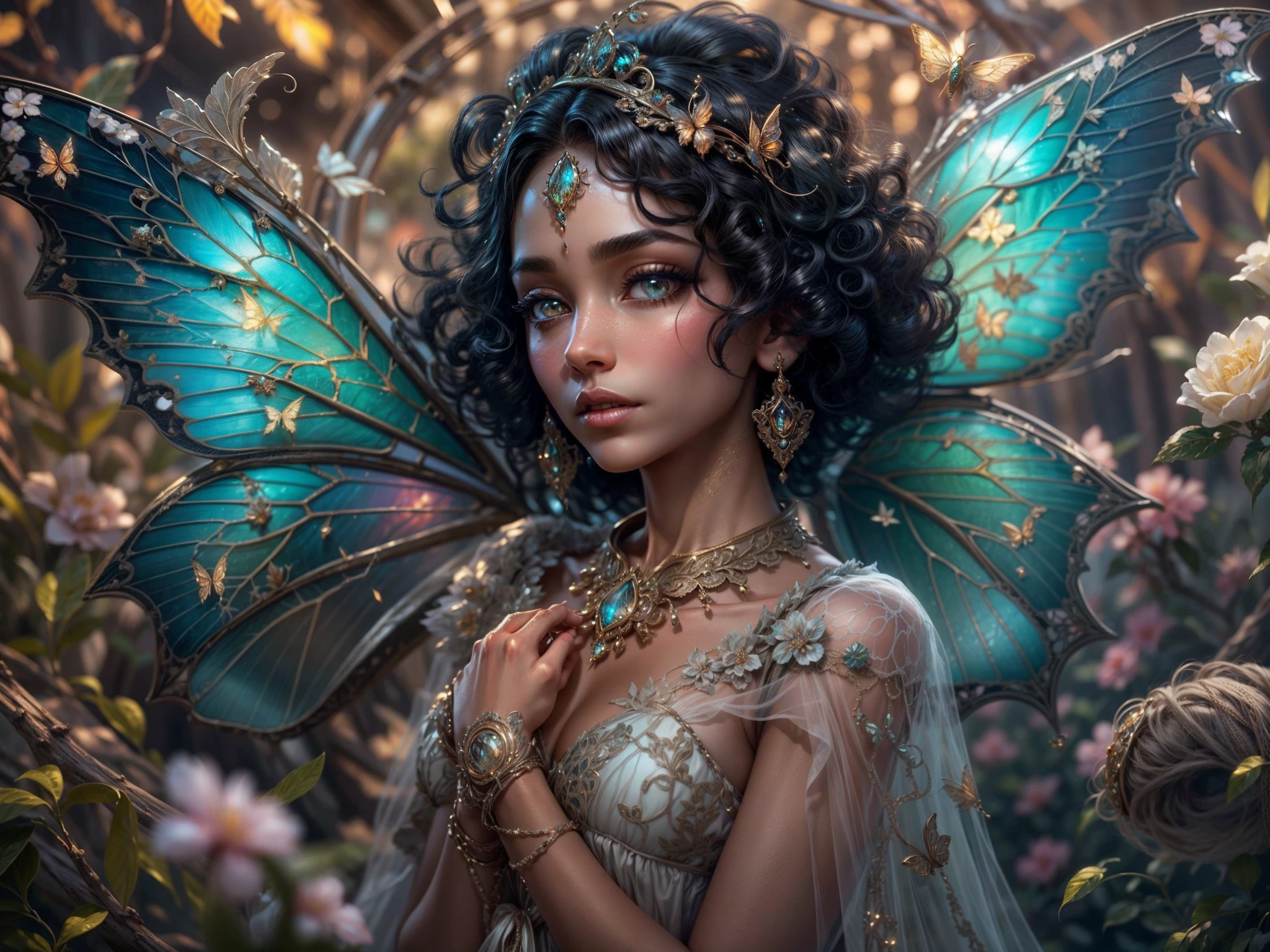 This is a realistic fantasy masterpiece with lots of shimmer, glitter, and intricate ornate detail. Generate one ite woman with a beautiful and delicate crown sitting on a garden swing at night. She is a beautiful and seductive butterfly queen with stunning curly black hair, (((incredibly realistic and detailed dynamic eyes in bright colors with realistic shading))). Her skin is translucent white, her eyes sparkle, and her dress is elegant. Her dress is spun of the finest gossamer silk with delicate, intricate, and subtle floral detailing and gold silk butterfly sleeves. Her face is lovely and lonely. Include glow-in-the-dark flowers, lots of particles, highly realistic fantasy butteflies with translucent jewel-toned wings and fine detailing, and glow. The artwork is done in the style of Guviz and brings to mind masters in the genre such as trending fantasy works on Artstation and Midjourney. Camera: Utilize dynamic composition techniques to emphasize etherealness and delicate detail.