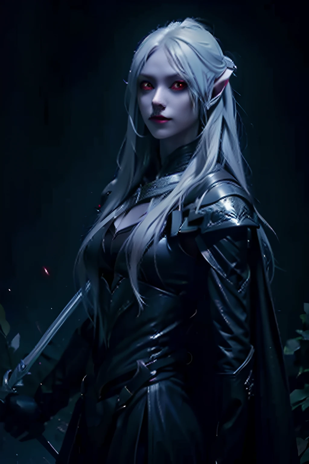 1girl, silver long hair, light red eyes, leather armor, rapier, dark forest, portrait, pointed ears