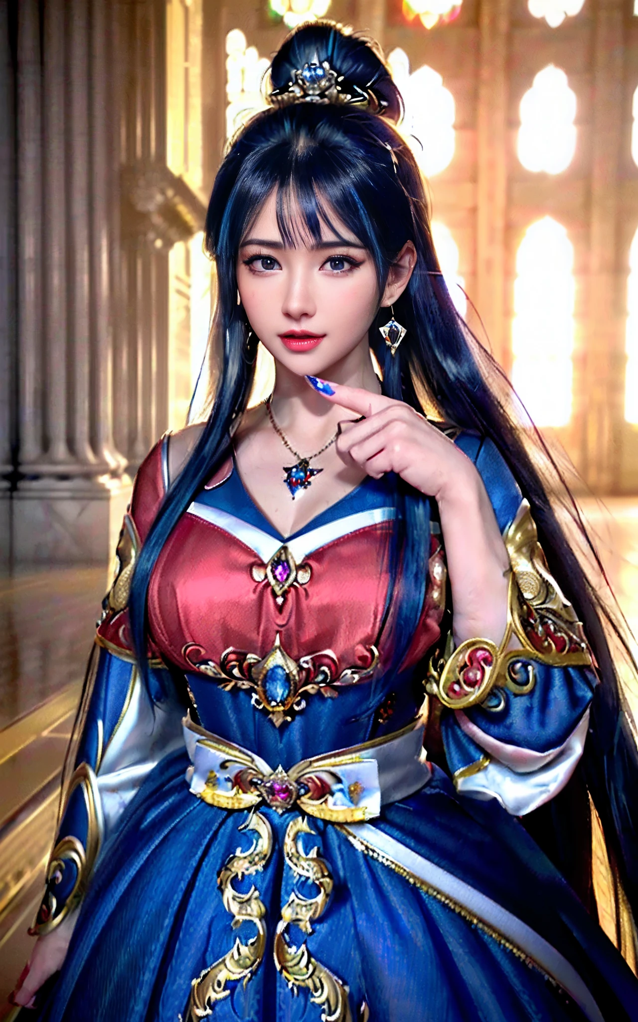 ((realisticity: 1.2)), ((realistic: 8K UHD)), ((best resolution: 8K UHD)), hyper detailed, best quality,masterpiece,highres,cg, ((1 girl hyper detailed and hyper realistic) ) , ((beautiful queen, hyper realistic and hyper detailed)),((white skin, beautiful, smooth, youthful, hyper realistic and hyper detailed )), ((Face hyper beautiful, white, hyper realistic and hyper detailed ) ), long hair, ((hyper realistic and hyper detailed dress)), solo, ((hyper realistic, hyper beautiful, beautiful and hyper detailed jewelry)), ((hyper beautiful deep red and golden yellow dress, hyper realistic and hyper detailed )) , ((Her pretty, hyper realistic, hyper detailed diamond filled earrings)), ((Her gorgeous diamond haircut, hyper realistic and hyper detailed)), ((hyper pretty upper body, hyper beautiful, hyper realistic and hyper detailed) ), ((medium breast: 1.1)), ((hyper realistic, hyper pretty, hyper detailed boobs)), ((the backgroun of the royal palace is hyper majestic, hyper realistic and hyper detailed)),((hands and palms hyper beautiful, hyper detailed, hyper realistic)), ((hyper detailed and hyper realistic fingers and fingernails)), ((hyper pretty fingernails, hyper vivid, hyper detailed, hyper realistic)), ((thumb, index finger, middle finger, ring finger, little finger hyper vivid, hyper pretty, hyper detailed, hyper realistic)),
((hyper beautiful fingers, hyper detailed, and hyper realistic)), ((posture not too fat and not too thin, hyper realistic, hyper detail)), ((hyper pretty, hyper pretty, hyper realistic and hyper detailed hair bun)), ((hyper pretty , hyper realistic and hyper detailed blue hair)), candid, Photo, high resolution, 8k , bokeh,