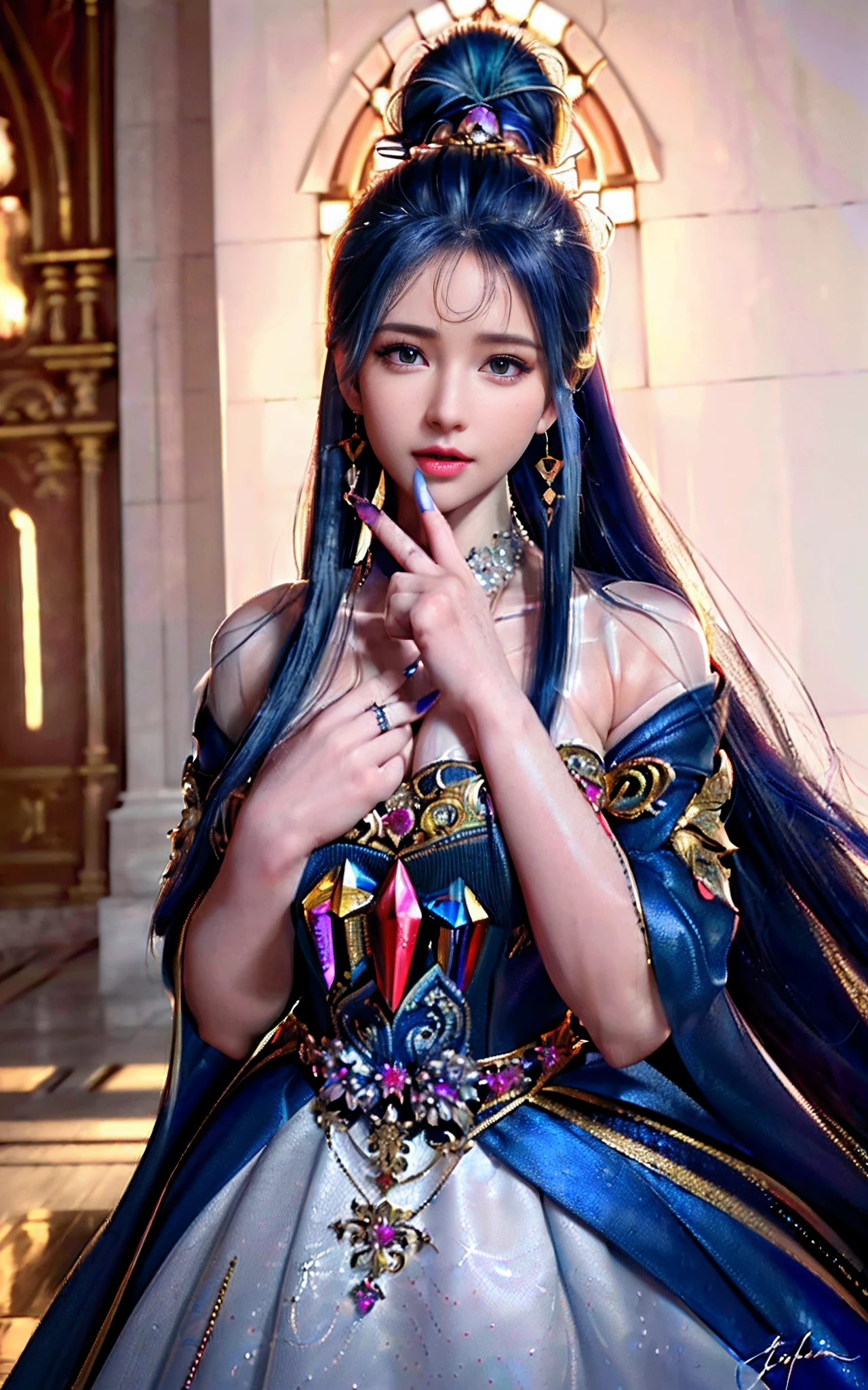 ((realisticity: 1.2)), ((realistic: 8K UHD)), ((best resolution: 8K UHD)), hyper detailed, best quality,masterpiece,highres,cg, ((1 girl hyper detailed and hyper realistic) ) , ((beautiful queen, hyper realistic and hyper detailed)),((white skin, beautiful, smooth, youthful, hyper realistic and hyper detailed )), ((Face hyper beautiful, white, hyper realistic and hyper detailed ) ), long hair, ((hyper realistic and hyper detailed dress)), solo, ((hyper realistic, hyper beautiful, beautiful and hyper detailed jewelry)), ((hyper beautiful deep red and golden yellow dress, hyper realistic and hyper detailed )) , ((Her pretty, hyper realistic, hyper detailed diamond filled earrings)), ((Her gorgeous diamond haircut, hyper realistic and hyper detailed)), ((hyper pretty upper body, hyper beautiful, hyper realistic and hyper detailed) ), ((medium breast: 1.1)), ((hyper realistic, hyper pretty, hyper detailed boobs)), ((the backgroun of the royal palace is hyper majestic, hyper realistic and hyper detailed)),((hands and palms hyper beautiful, hyper detailed, hyper realistic)), ((hyper detailed and hyper realistic fingers and fingernails)), ((hyper pretty fingernails, hyper vivid, hyper detailed, hyper realistic)), ((thumb, index finger, middle finger, ring finger, little finger hyper vivid, hyper pretty, hyper detailed, hyper realistic)),
((hyper beautiful fingers, hyper detailed, and hyper realistic)), ((posture not too fat and not too thin, hyper realistic, hyper detail)), ((hyper pretty, hyper pretty, hyper realistic and hyper detailed hair bun)), ((hyper pretty , hyper realistic and hyper detailed blue hair)), candid, Photo, high resolution, 8k , bokeh,