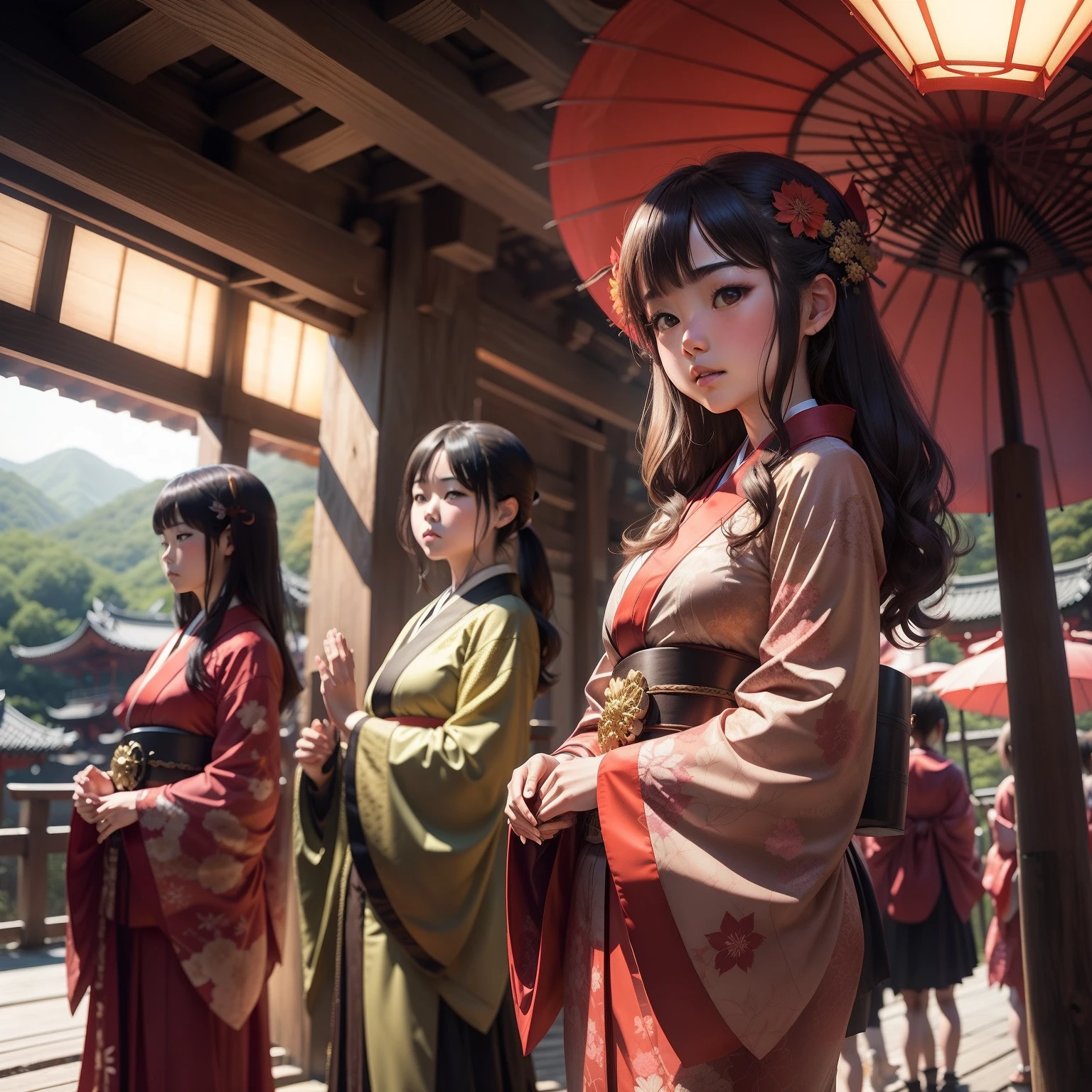 Kiyomizu-dera Temple、autumnal、komono、teens girl、An umbrella、Hands up、Gorgeous kimono