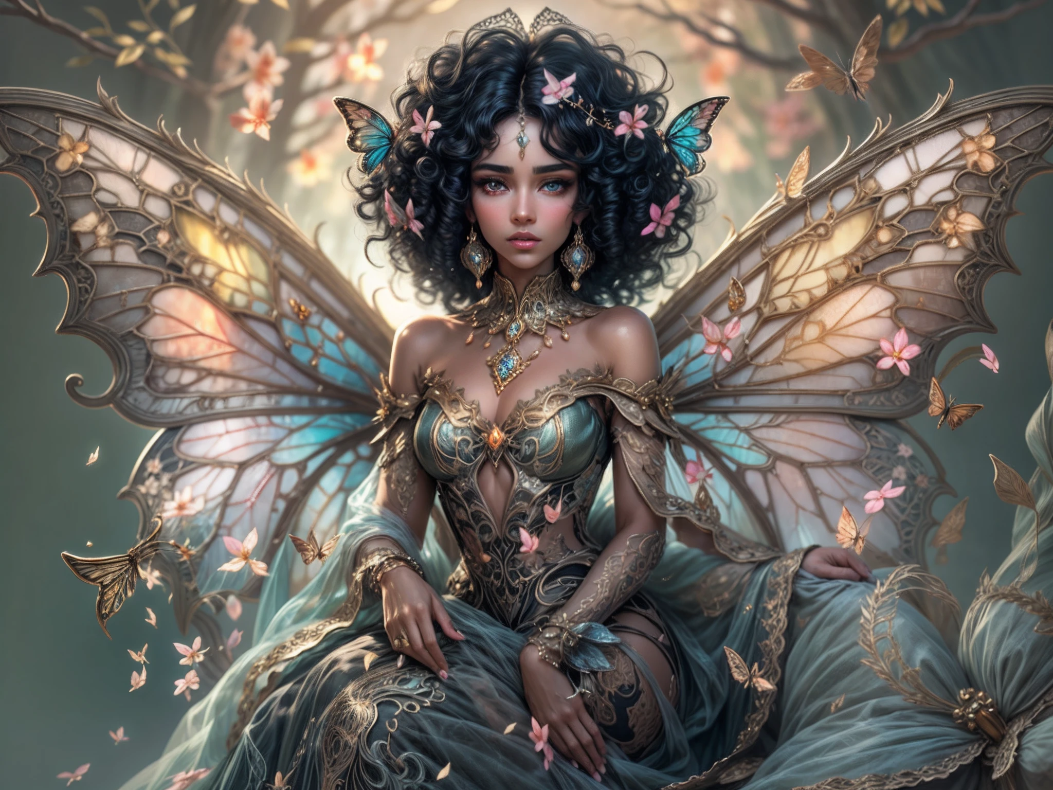 This is a realistic fantasy masterpiece with lots of shimmer, glitter, and intricate ornate detail. Generate one petite woman with a beautiful and delicate crown sitting on a garden swing at night. She is a beautiful and seductive butterfly queen with stunning curly black hair, (((incredibly realistic and detailed dynamic eyes in bright colors with realistic shading))).  Her skin is translucent white, her eyes sparkle, and her dress is elegant. Her dress is spun of the finest gossamer silk with delicate, intricate, and subtle floral detailing and gold silk butterfly sleeves. Her face is lovely and lonely. Include glow-in-the-dark flowers, lots of particles, highly realistic fantasy butteflies with translucent jewel-toned wings and fine detailing, and glow. The artwork is done in the style of Guviz and brings to mind masters in the genre such as trending fantasy works on Artstation and Midjourney. Camera: Utilize dynamic composition techniques to emphasize etherealness and delicate detail.