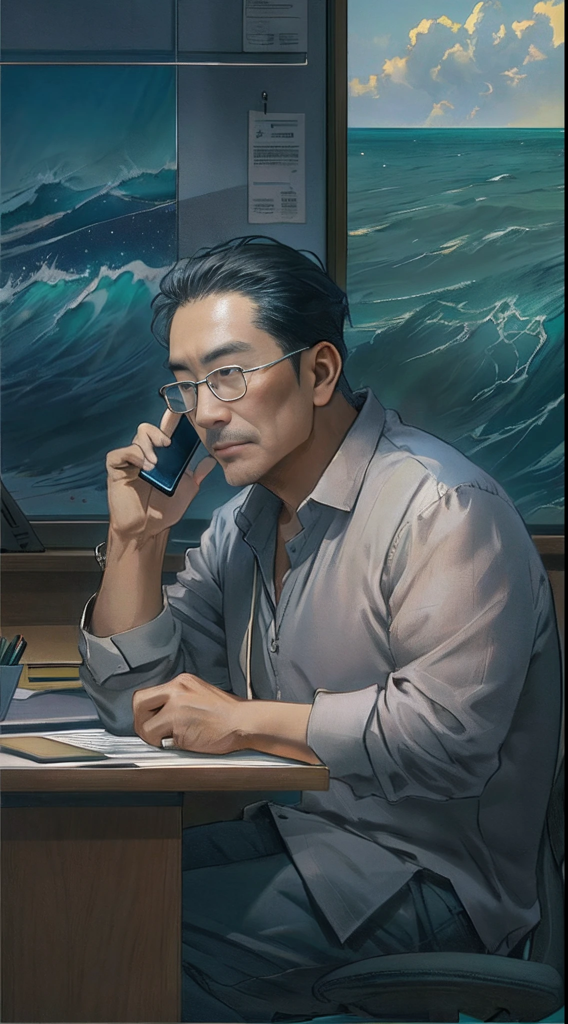 A middle-aged man sitting at a desk, holding a cellphone with a weary expression on his face, an office without windows, with a bright ocean poster on the wall, ,in the style of the stars art group xing xing, 32k, best quality, masterpiece, super detail, high details