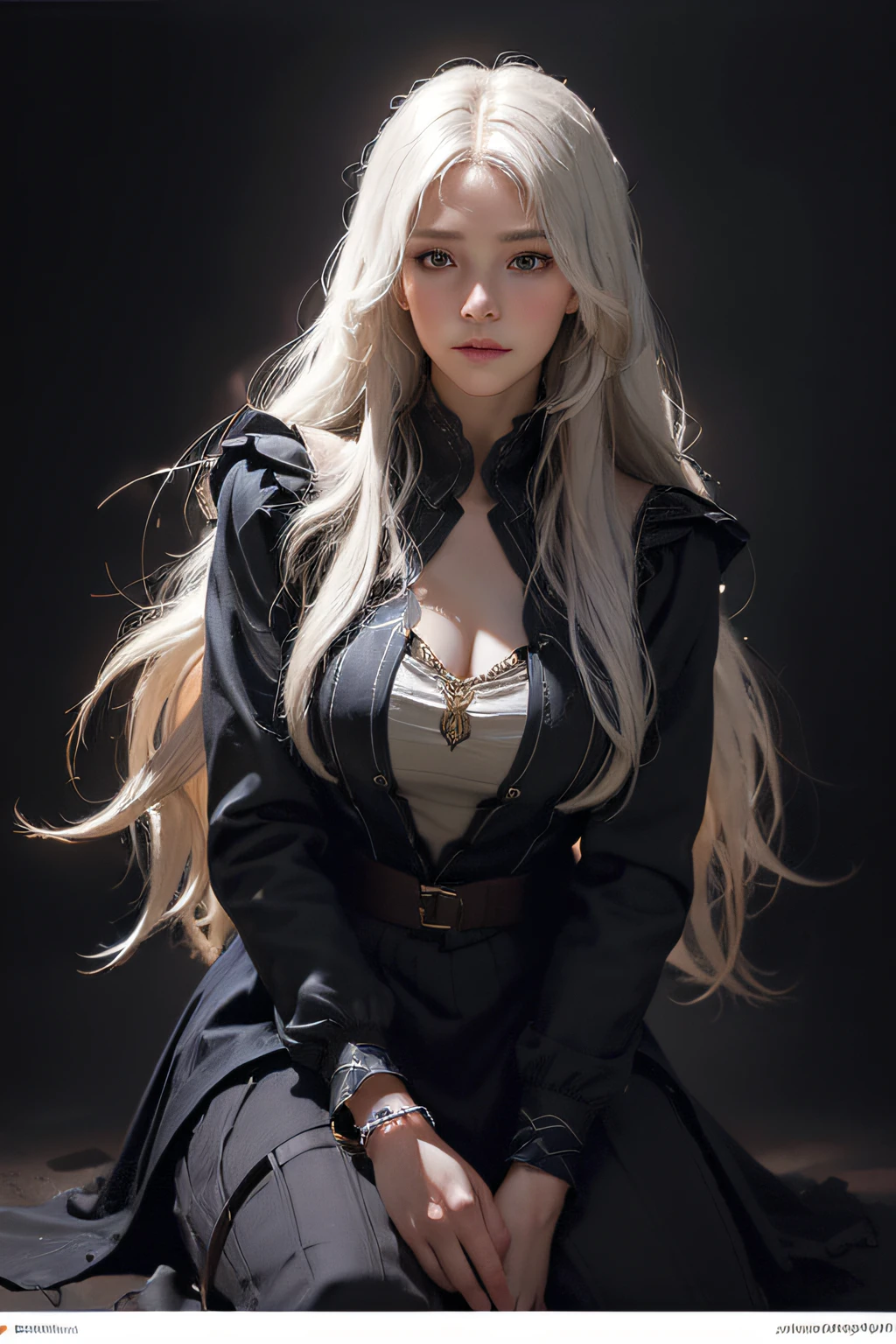 (front focus), (in the dark:1.6), Hyperrealist portrait of female by david hockney and alphonse mucha, fantasy art, photo realistic, dynamic lighting, artstation, poster, volumetric lighting, very detailed faces, 4 k, award winning, 1girl, in the dark, deep shadow, low key, cowboy shot, (official clothing:1.4), long hair, white hair