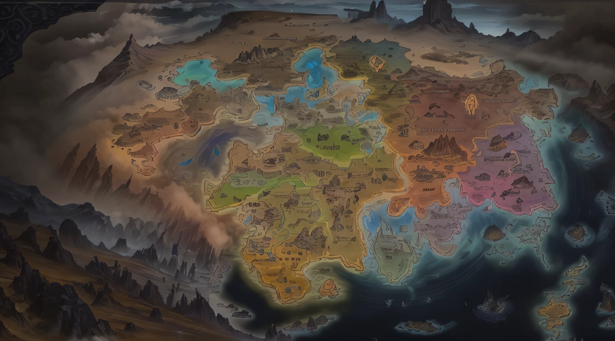 Close-up of a world map with many different colors, ancient fantasy regional map, Detailed fantasy map, Land of advanced races, facing worlds map, steam workshop maps, Fantasy world map, Battle of Warcraft, highly detailed map, Detailed map, Fantasy map, Fantasy map, map of fantacy world, ancient map, Show the kingdom