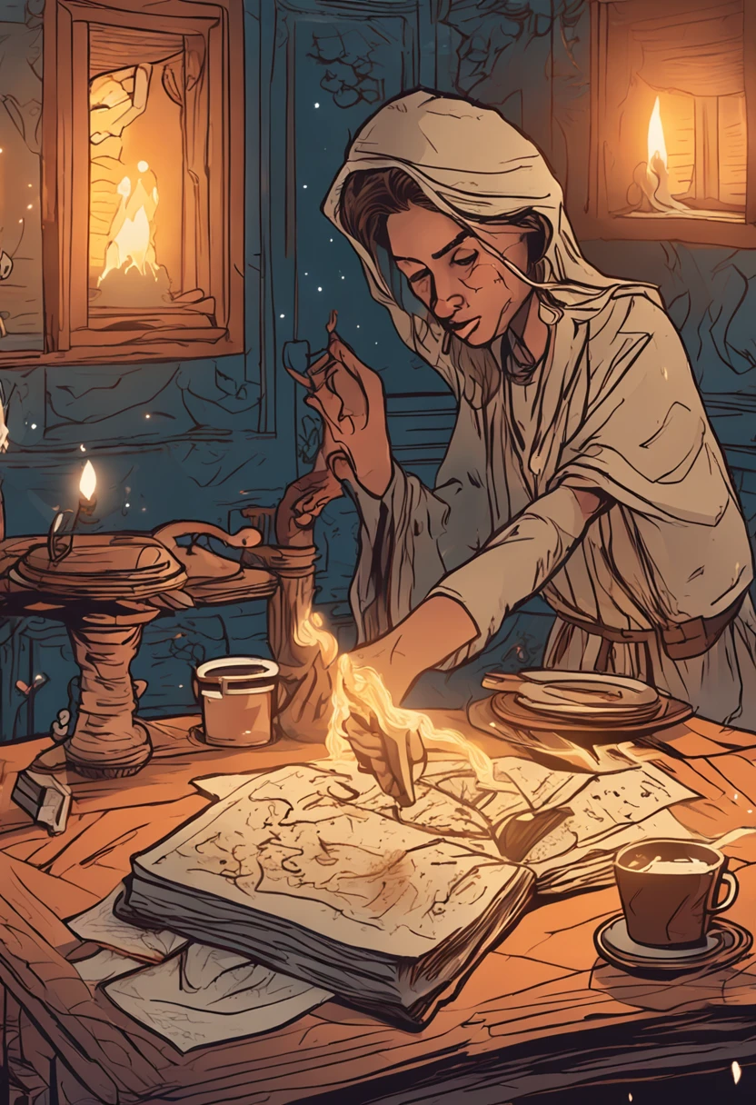 Crie uma cena aconchegante dentro do quarto de Ember, with wooden furniture and lit candles. Ember and Lumina are leaning over a table, estudando um mapa das estrelas. The map is open, and Ember is pointing to a specific constellation. A luz suave das velas ilumina a cena.