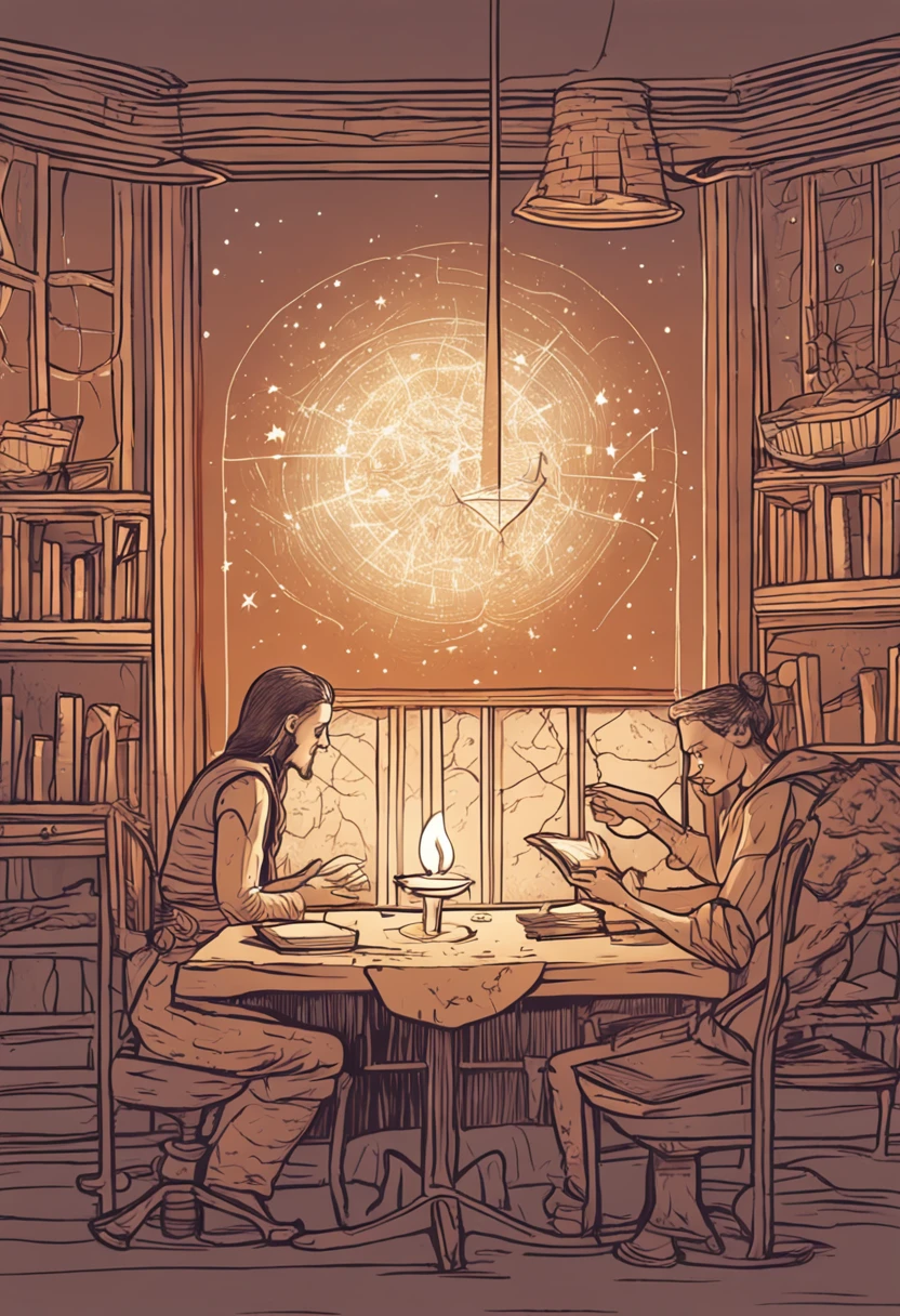 Crie uma cena aconchegante dentro do quarto de Ember, with wooden furniture and lit candles. Ember and Lumina are leaning over a table, estudando um mapa das estrelas. The map is open, and Ember is pointing to a specific constellation. A luz suave das velas ilumina a cena.