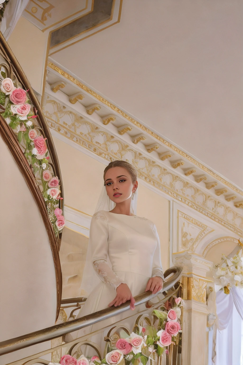 Woman in white wedding dress standing on the stairs, yelena belova, ekaterina, anastasia ovchinnikova, anna nikonova, The style of Yulia Razumova, aleksandra waliszewska, sofya emelenko, alexander rostov, julia gorokhova, edited, Flowers on the railing