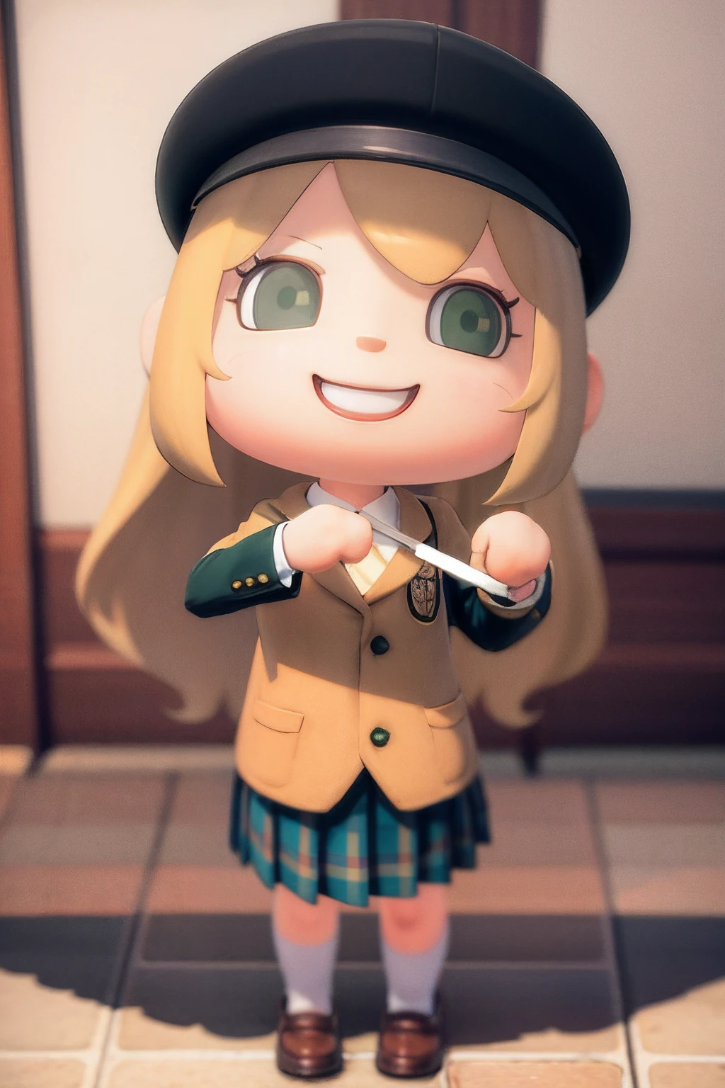 masterpiece, best quality,  (chibi:1.2), blonde long hair, smile, green eyes, student uniform, 3d model