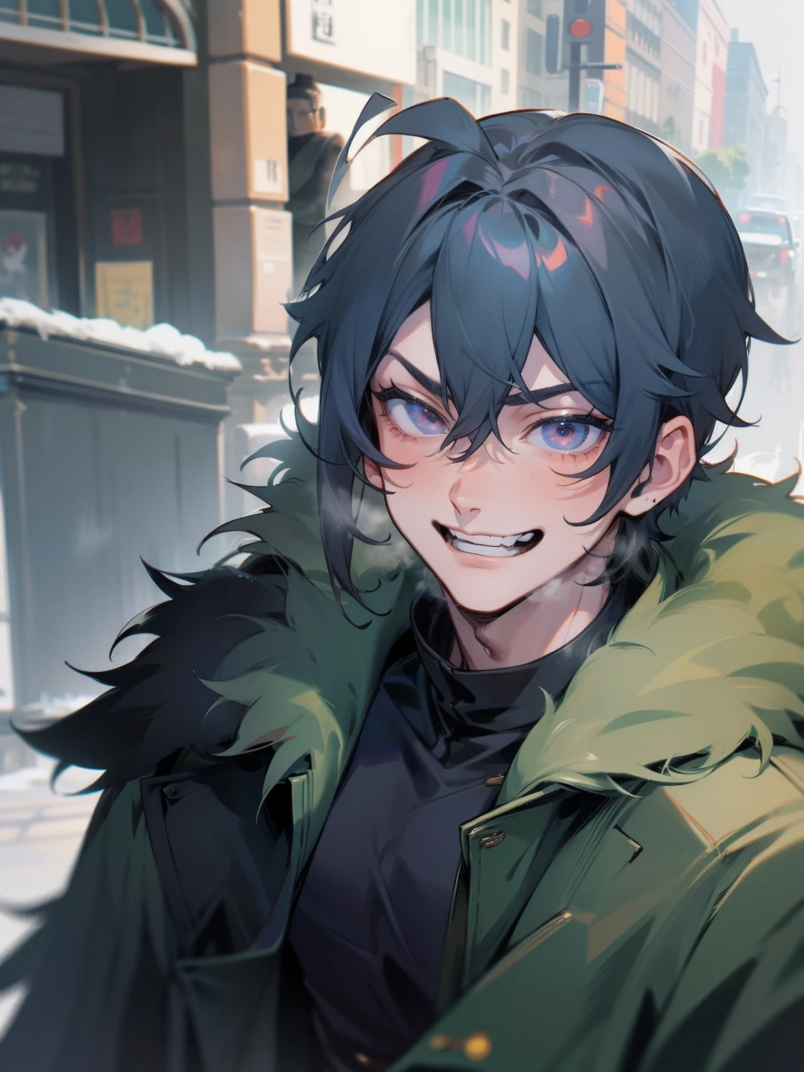 Moss green mod coat,He wears a black T-shirt inside his coat,Throat Buddha