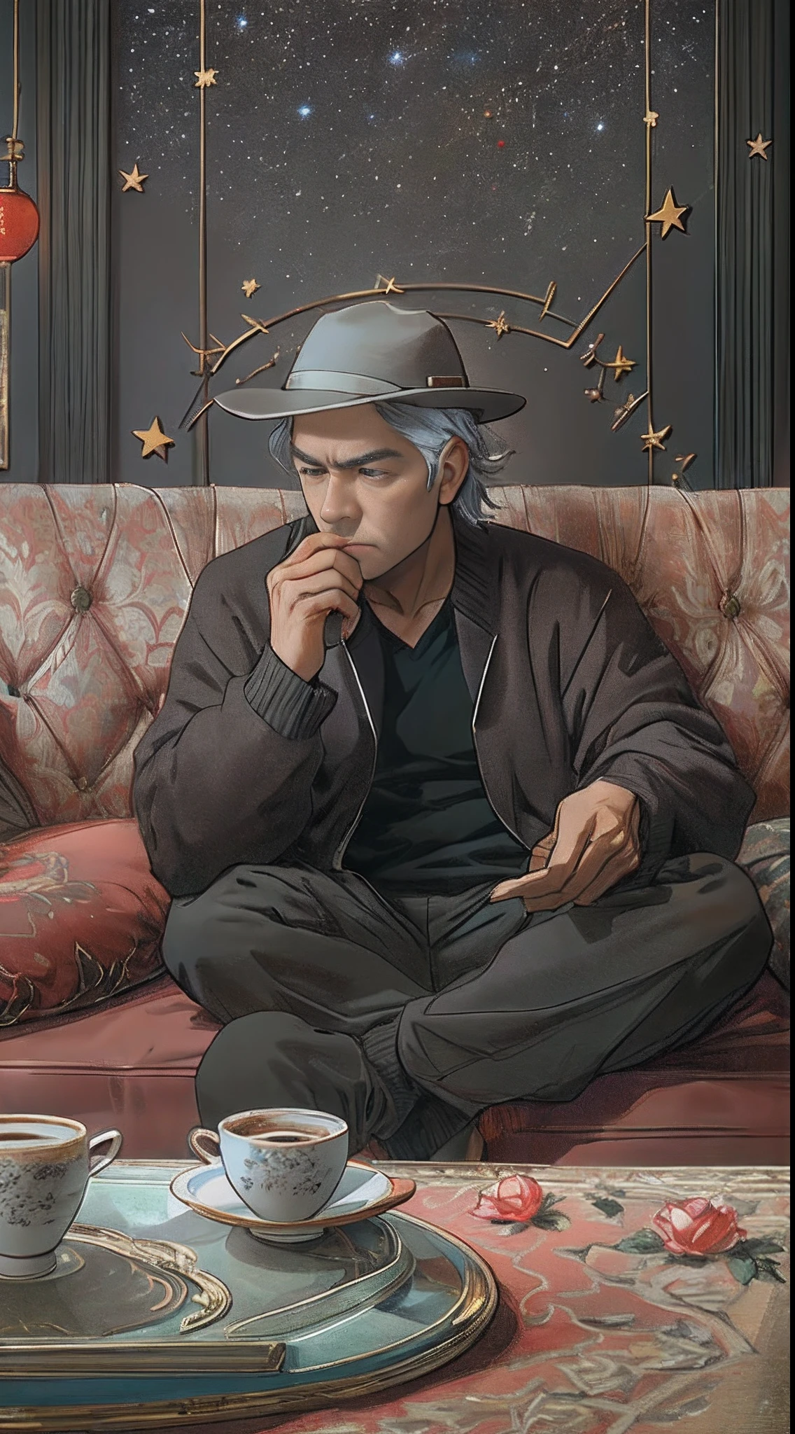 A middle-aged man sitting on a sofa, holding a cup of coffee with an irritated expression on his face, surrounded by an empty room with only a few decorations placed in the corners, ,in the style of the stars art group xing xing, 32k, best quality, masterpiece, super detail, high details