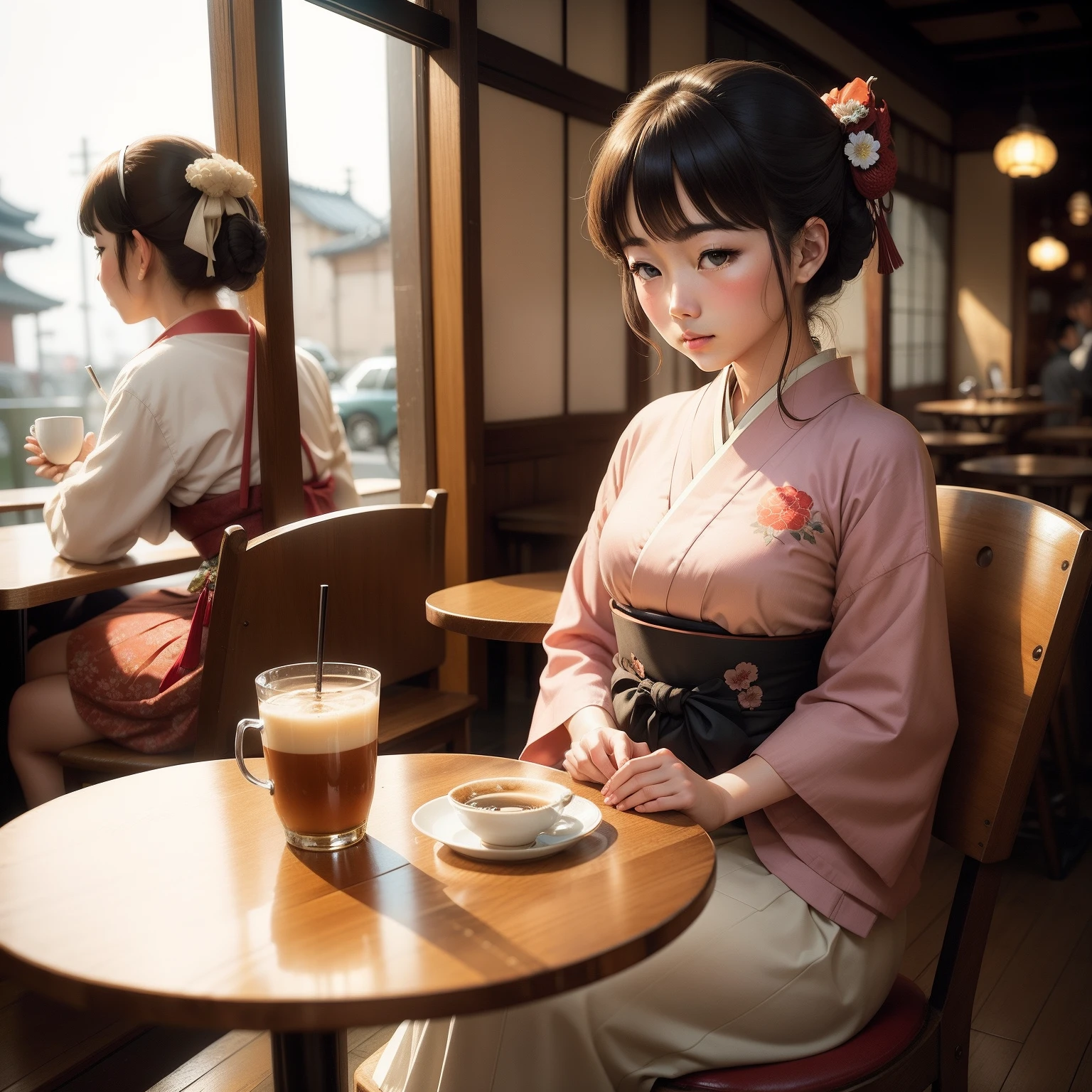 Japan Taisho era girl、Sit in a vintage café,Drink coffee and eat cake