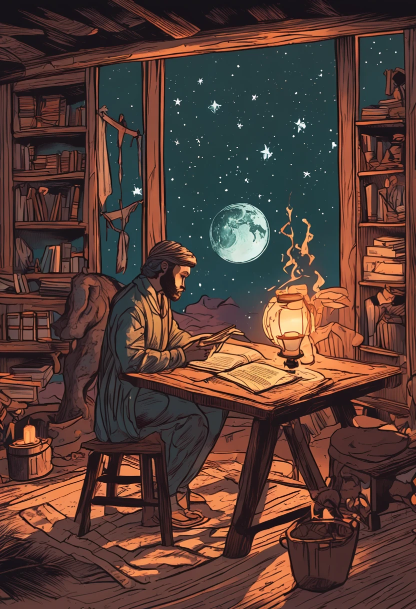 Crie uma cena aconchegante dentro do quarto de Ember, with wooden furniture and lit candles. Ember and Lumina are hunched over a table, estudando um mapa das estrelas. The map is open, and Ember is pointing to a specific constellation. A luz suave das velas ilumina a cena. 8k