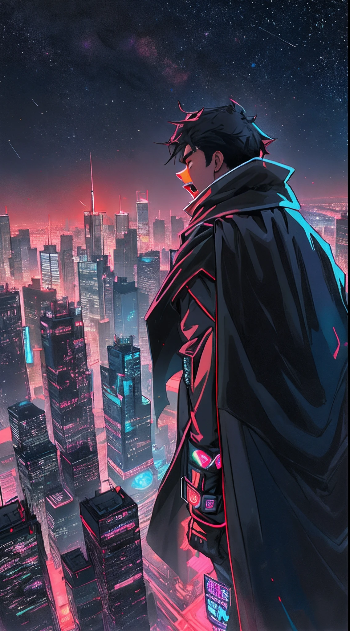 A young man standing on top of a skyscraper, shouting angrily with a black cloak and a flag that says "Down with Neon Nation", surrounded by towering skyscrapers and neon-lit city streets, ,in the style of the stars art group xing xing, 32k, best quality, masterpiece, super detail, high details