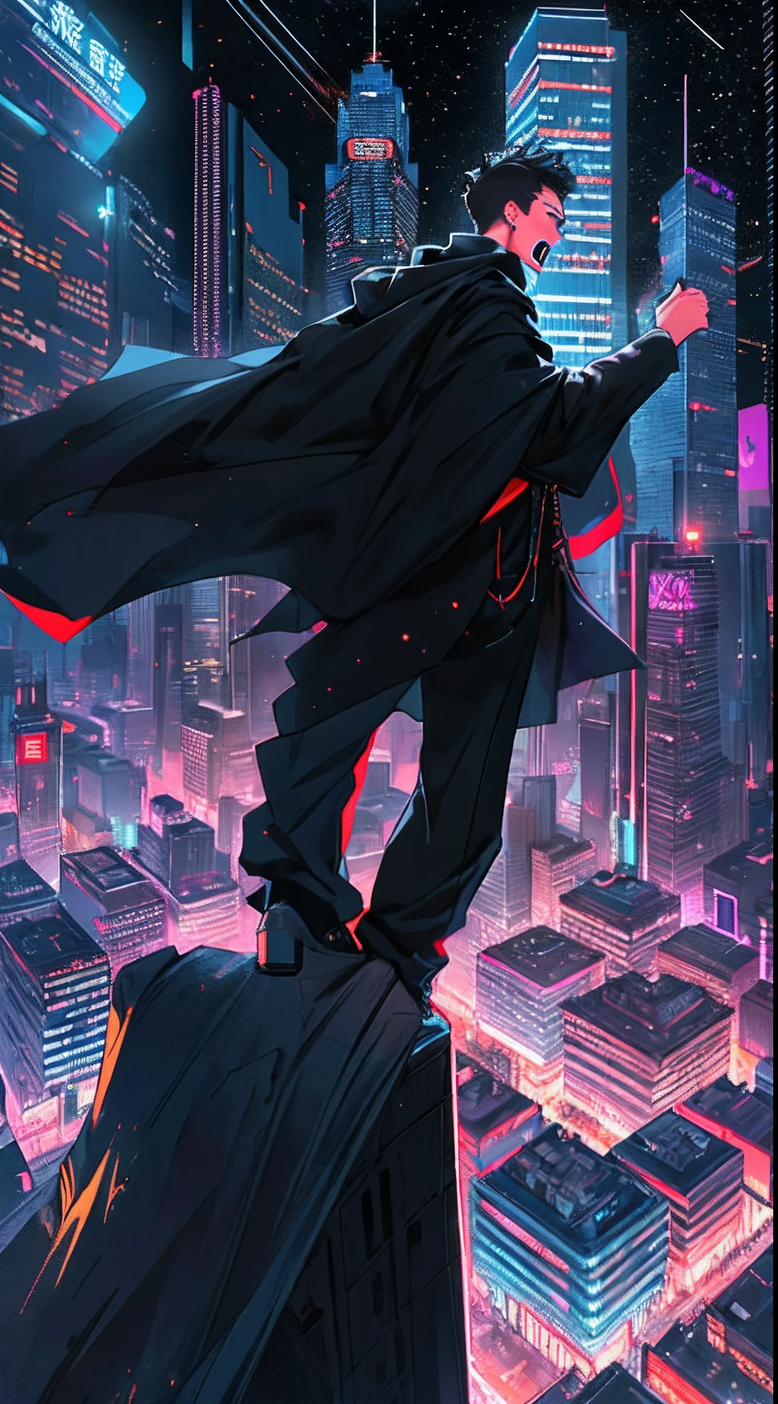 A young man standing on top of a skyscraper, shouting angrily with a black cloak and a flag that says "Down with Neon Nation", surrounded by towering skyscrapers and neon-lit city streets, ,in the style of the stars art group xing xing, 32k, best quality, masterpiece, super detail, high details