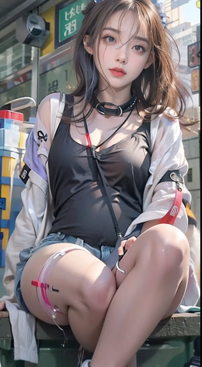 Urban Beautiful Girl College Student，tmasterpiece，Light makeup，Redlip，Silvery hair，Messy long hair，streets background，gracefulness，Elegance。ultra fine detailed，Works of masters，Authentic texture，Cinematic lighting realism，perfect works，8K，k hd，Delicate facial features，White tight open-cut top，Clear white skinny shorts，Slim figure，Big bright eyes，Smooth skin，eardrop，（shibari，Behind the arm：1.4），（Place your hands behind your back） handcuff，Moisture spray，shackle，weeping，Between the legs, Insert the meat-colored stick，A milky viscous liquid flows from between the legs，Insert a tube between your legs，Pregnant women with，Large amounts of colored liquid，Drug injections，Huge ，Pull beads，Yin ring，Nipple studs，Yin chain，Punk collar，A large number of medical syringes，Lots of sex toys，A large number of drugs，Casual pose，Exposing the ，Mouth open，Stick out her tongue，There is a complex heart-shaped tattoo on the lower abdomen，The uterus is outside the body，Medical needle insertion，Medical syringe itself，