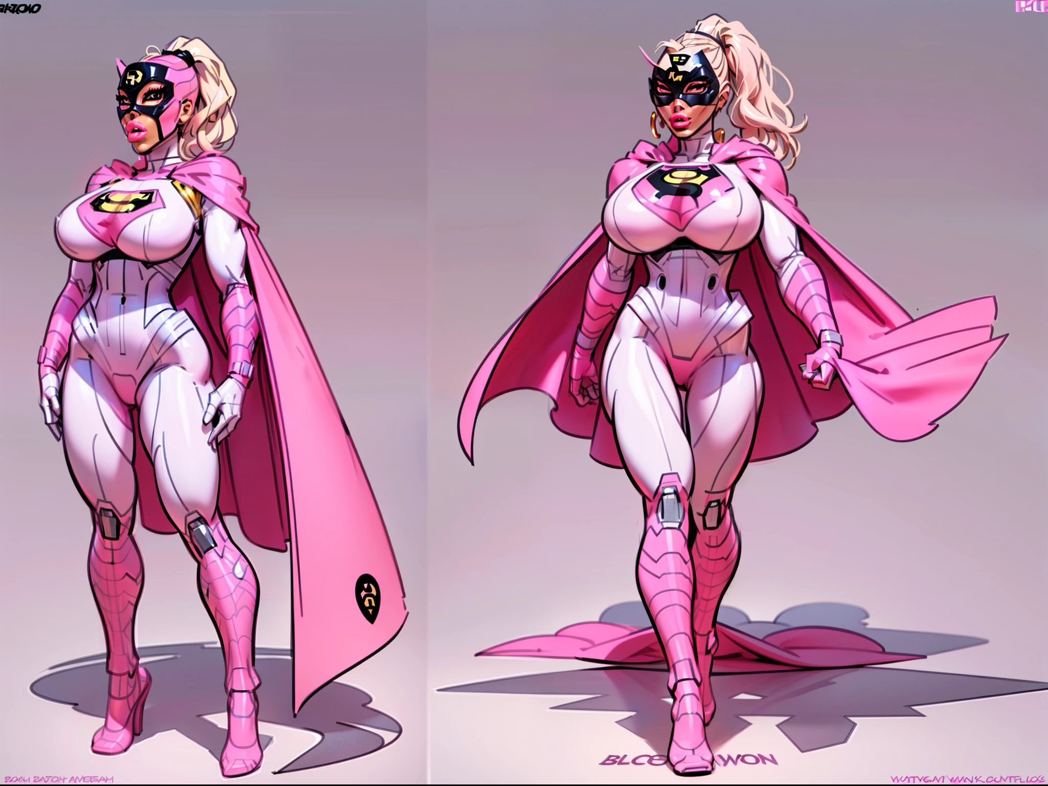 ((masterpiece)),(((best quality))),((character design sheet)), ((full body view)) illustration,1girl, muscular, ((white and pink bodysuit:1.6)), (superhero mask:1.5) (white and pink color palette:1.4) superhero, (white ponytail:1.4), (puffy lips:1.6) (pink cape:1.4) beautiful woman, (gigantic breasts:1.2)(black legs:1.3)shiny skin, (gold emblem on chest:1.2),scribbles and marks, rough sketches, pose, 8k,16k, (simple background, white background: 1.3)