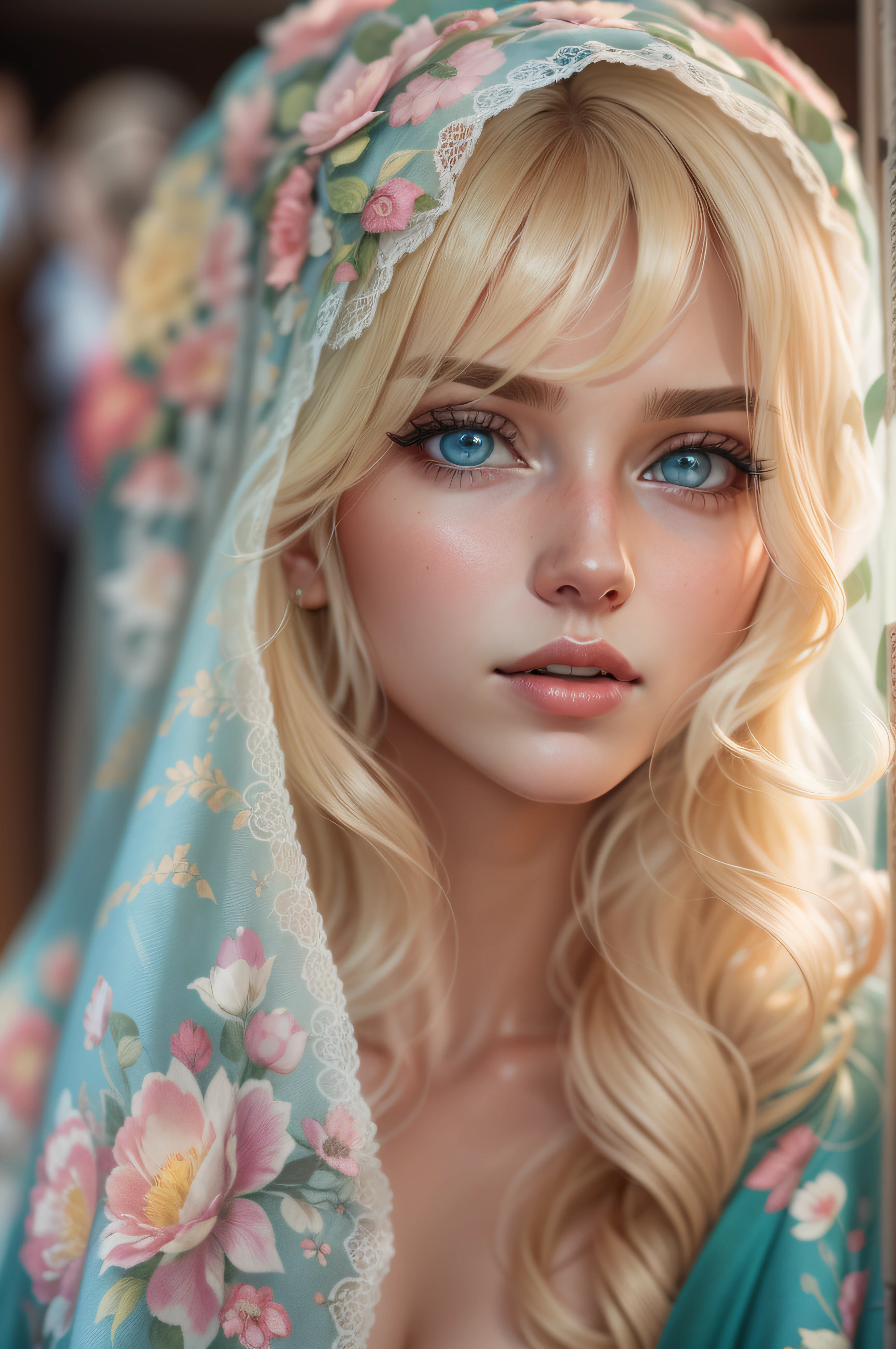 Blonde woman with blue eyes and veil on head、Soft portrait shots 8 k、Photorealistic beautiful face、8K portrait rendering、Realistic beautiful face、beautiful realistic face、photorealistic anime girl render、hyperrealistic beautiful face、8K realistic digital art、realistic digital art 4k、realistic digital art 4 k、very realistic digital art,{{{{Dynamic Angle Full Body}}}},{{{{{dynamic pose standing}}}}},{{{{Floral printed kimono}}}}
