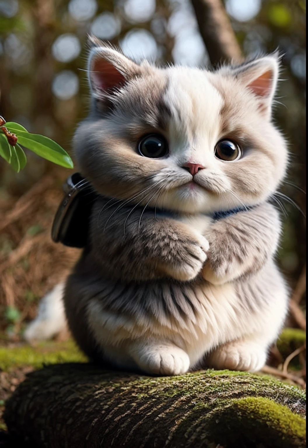 Fluffy cat sitting near the roots of a tree in the middle of the mountain, cute