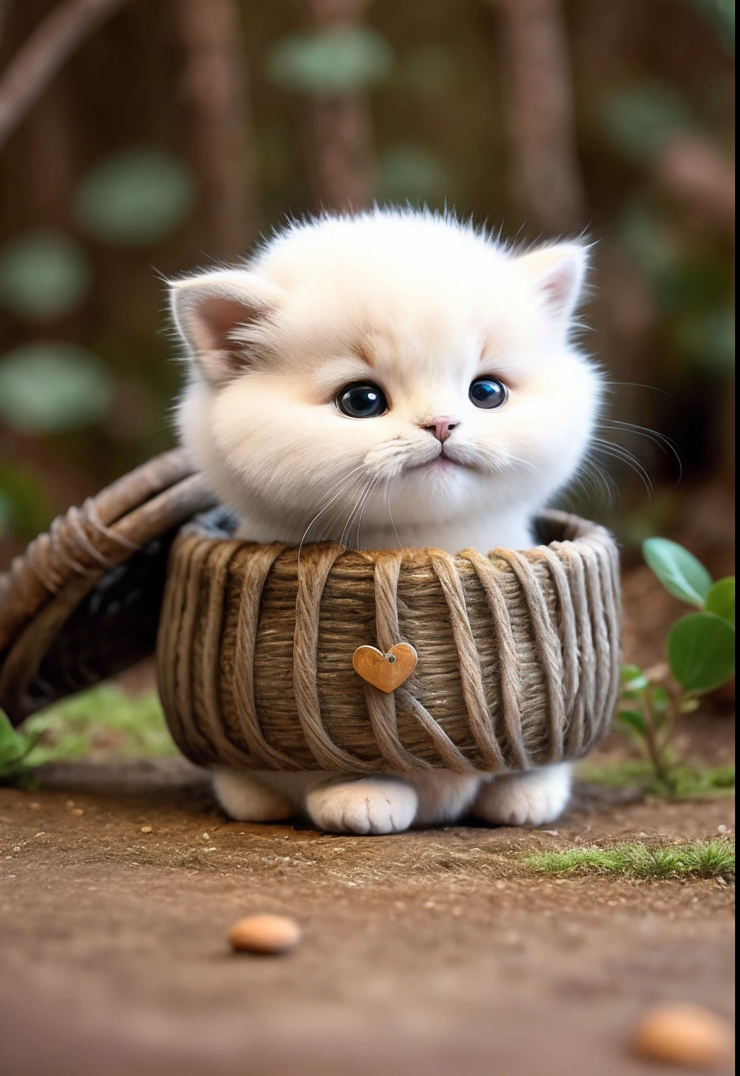 Fluffy cat sitting near the roots of a tree in the middle of the mountain, cute