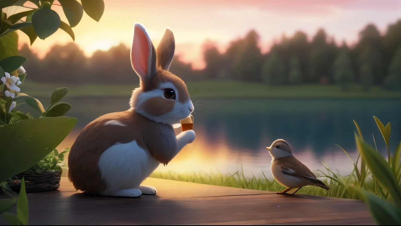 there is a rabbit and a bird sitting on a wooden deck, animated film, animated movie scene, animated movie, cute 3 d render, ultra realistic 3d illustration, animated movie still, 3 d animated movie, animated movie shot, 4k high res, adorable digital painting, hd wallpaper, beautiful scene, animated still, cute detailed digital art, a photorealistic rendering