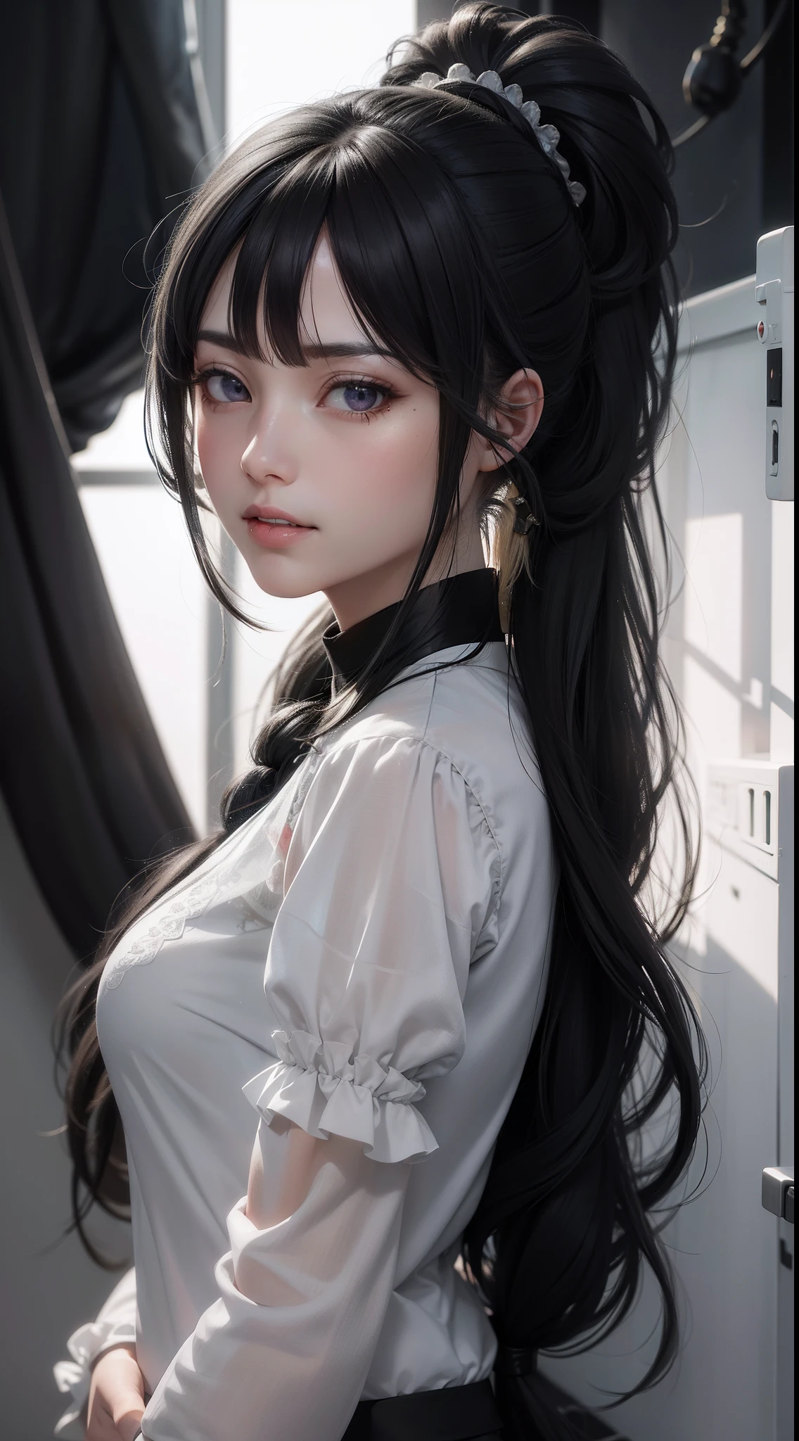 black hair, bangs, curtained hair, crossed bangs, long hair, messy hair, ponytail, very long hair, black hair, bangs, curtained hair, crossed bangs, long hair, messy hair, ponytail, very long hair, big hair, side bun, hair ears, tied hair, hair flaps, widow's peak, tiara, hair ribbon, kanzashi, hairpods, white hairband, mole under eye, raised eyebrows, eyeball, evil smile, crazy, shy, frown, jitome, gloom (expression), seductive smile, anime, Minimalism, anime style, anime, Minimalism, anime style, pov, from above, UHD, retina, masterpiece, ccurate, textured skin, super detail, high quality, high details, award winning, best quality, highres, 16k, UHD, retina, masterpiece, ccurate, textured skin, super detail, high quality, high details, award winning, best quality, highres, 16k