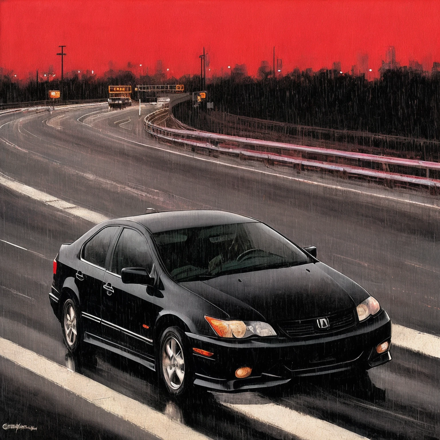 ((best quality)), ((ultradetailed)), ((masterpiece)), illustration,
Rainy night, honda civic, 2005 model 4 door, matte black color, low profile wheels, big black rim, highway, chase from behind,((best quality)), ((ultradetailed)), ((masterpiece)), illustration,
Rainy night, honda civic, 2005 model 4 door, matte black color, low profile wheels, big black rim, highway, chase from behind, dark shadow, imposing bodywork, expansive expressway, toll booth, highway exit, fear. dark shadow, imposing bodywork, expansive expressway, toll booth, highway exit, fear.