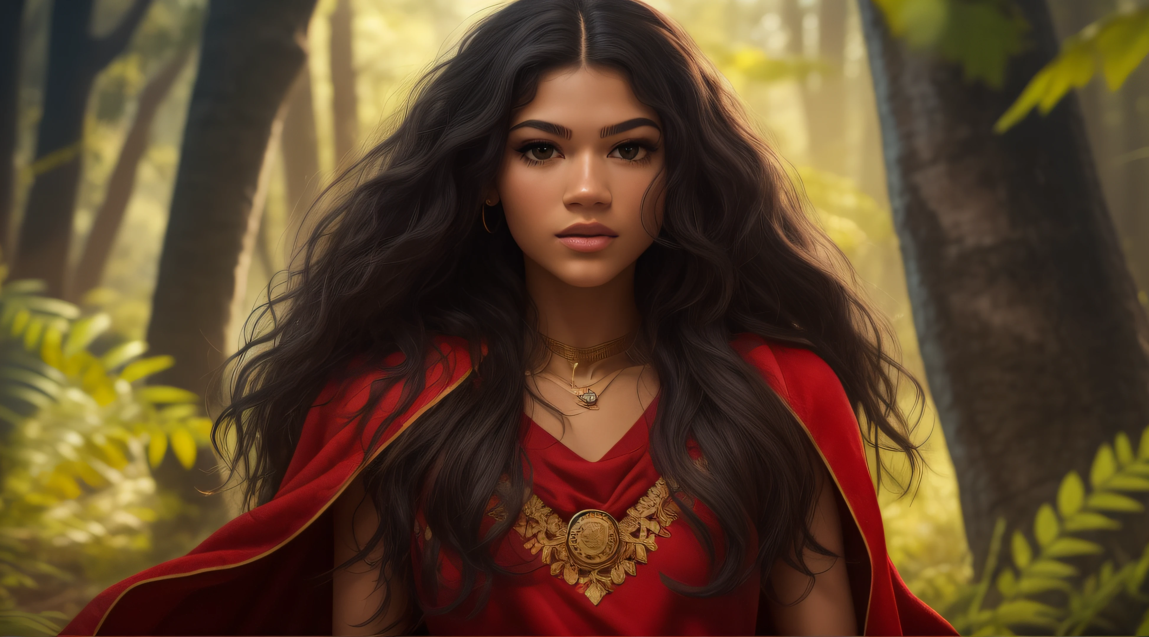 A realistic body portrait of Zendaya with wavy long black hair, a complete body, big dark brown eyes, Dressed in a red Lioncloth and a perfect oval face, rendered in a photorealistic style with sharp edges and a vibrant atmosphere, lying in a lush forest with a loose shirt and a bright sunbeam. high details in body skin, day in a camp with the young woman