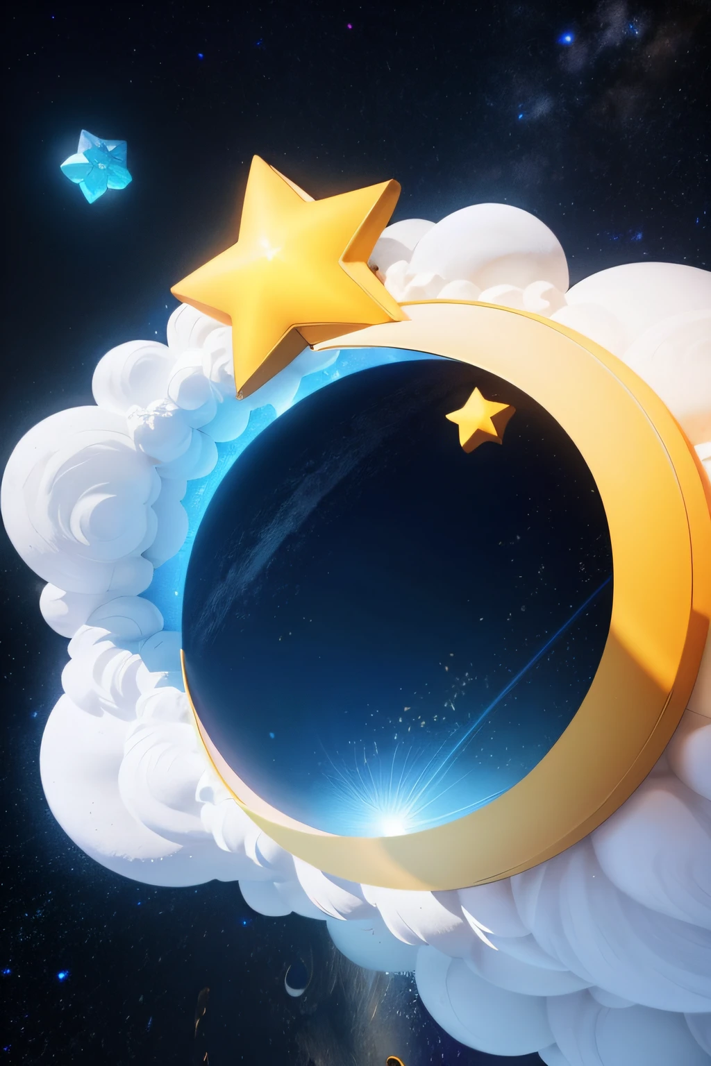 There is a yellow crescent moon in the sky,There is a star on it, themed on the stars and moon, fantasy style 8 k octane render, animation style render, 3d magical details, Rendered in Cinema4D, rendered in cinema 4 d, stylized as a 3d render, Magic portal in the sky, (rendering by octane) Fantasy style, Moon and stars
