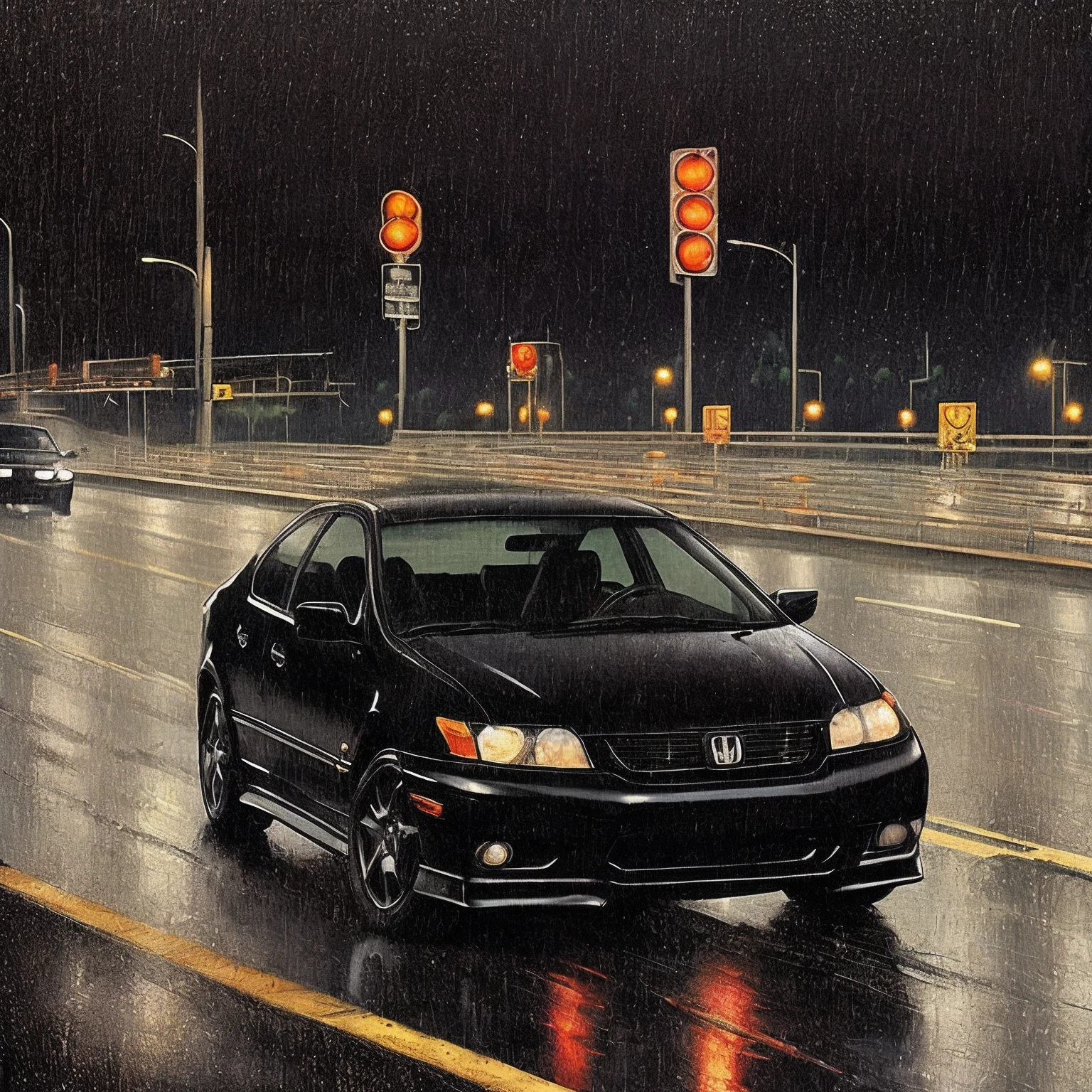 ((best quality)), ((ultradetailed)), ((masterpiece)), illustration,
Rainy night, honda civic, 2005 model 4 door, matte black color, low profile wheels, big black rim, highway, chase from behind,((best quality)), ((ultradetailed)), ((masterpiece)), illustration,
Rainy night, honda civic, 2005 model 4 door, matte black color, low profile wheels, big black rim, highway, chase from behind, dark shadow, imposing bodywork, expansive expressway, toll booth, highway exit, fear. dark shadow, imposing bodywork, expansive expressway, toll booth, highway exit, fear.