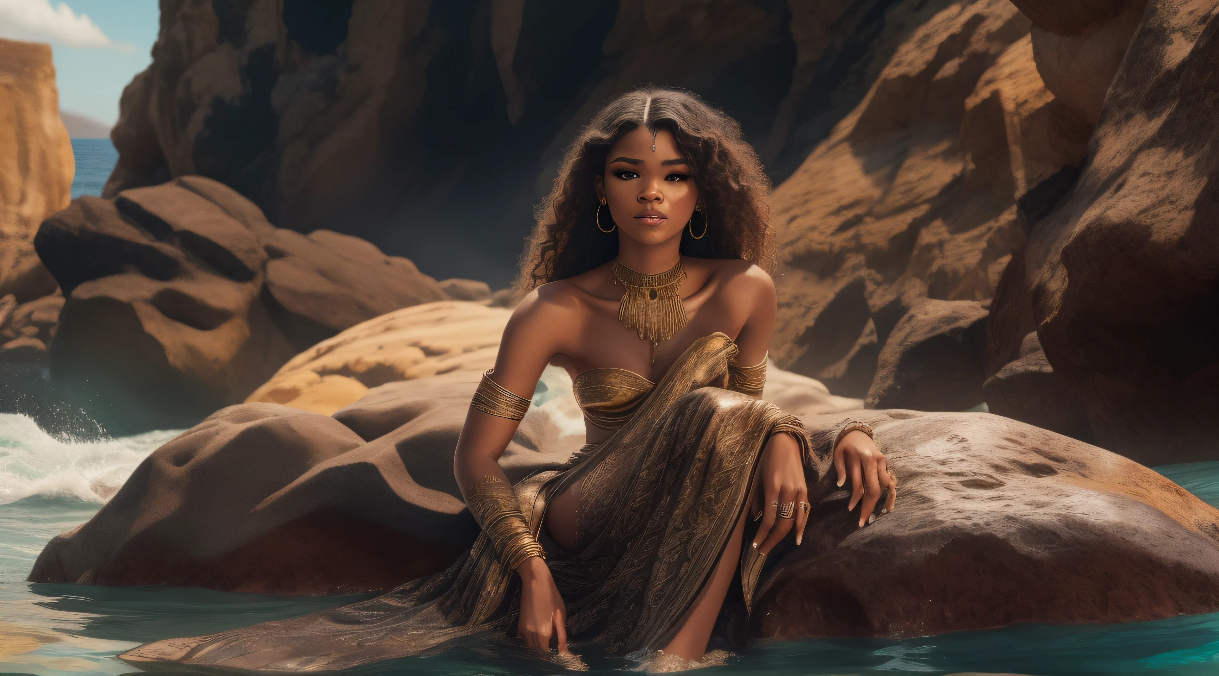 Zendaya is a majestic Aphrodite, her ebony skin and dark black hair shimmering in the sunlight, seated atop a majestic rock emerging from the ocean's depths. Dressed in a Loincloth.