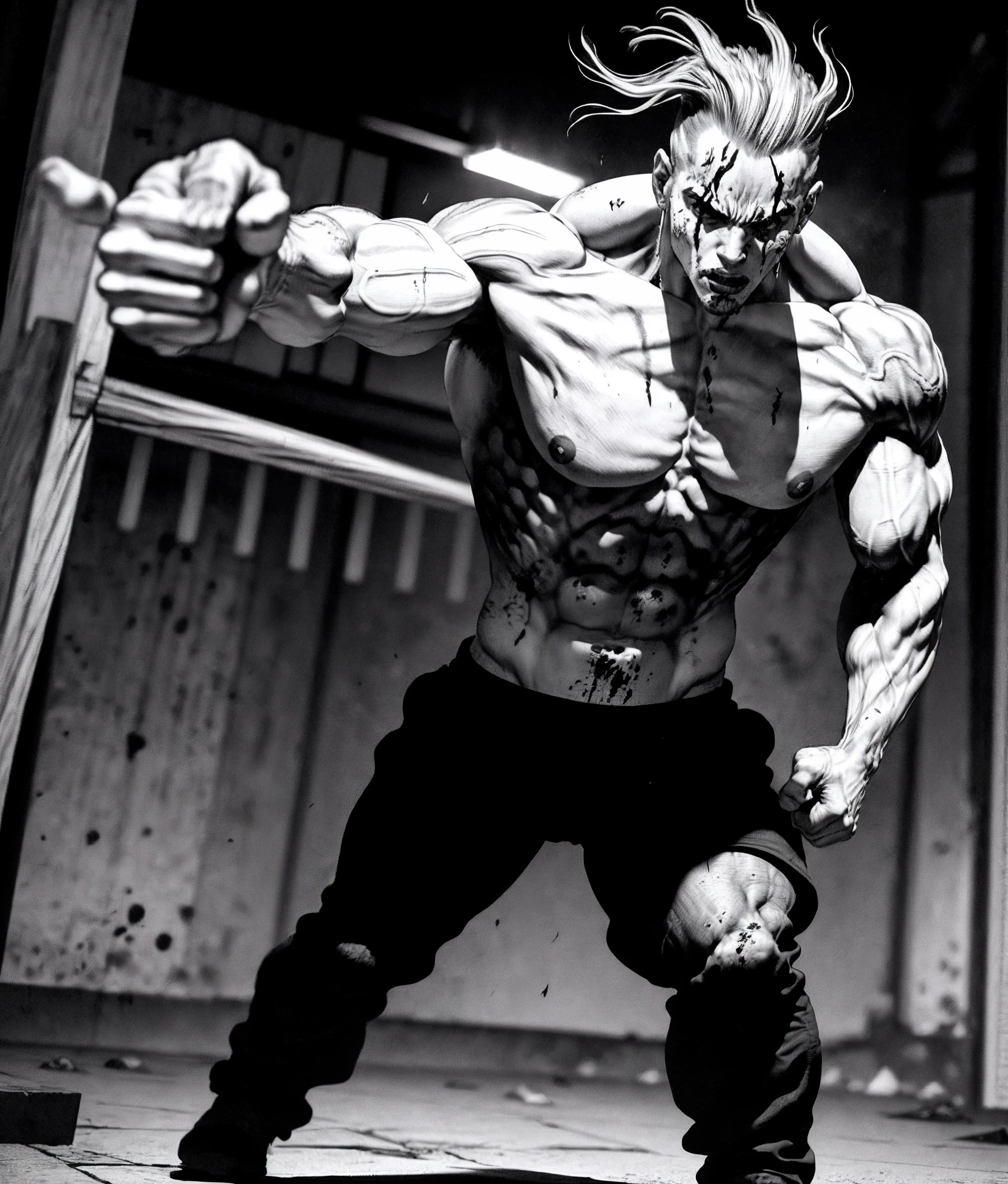 boichi manga style, greyscale monochrome, medium shot, full body, 1boy, blood, solo, blood on face, motion blur, hatching \(texture\), injury, veins, scar, ((masterpiece)), serious intimidating face, fighting stance, dramatic pose