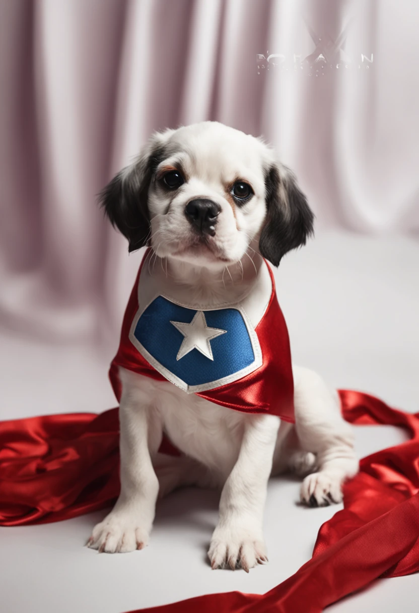cachorro branco com capa vermelha de super heroi