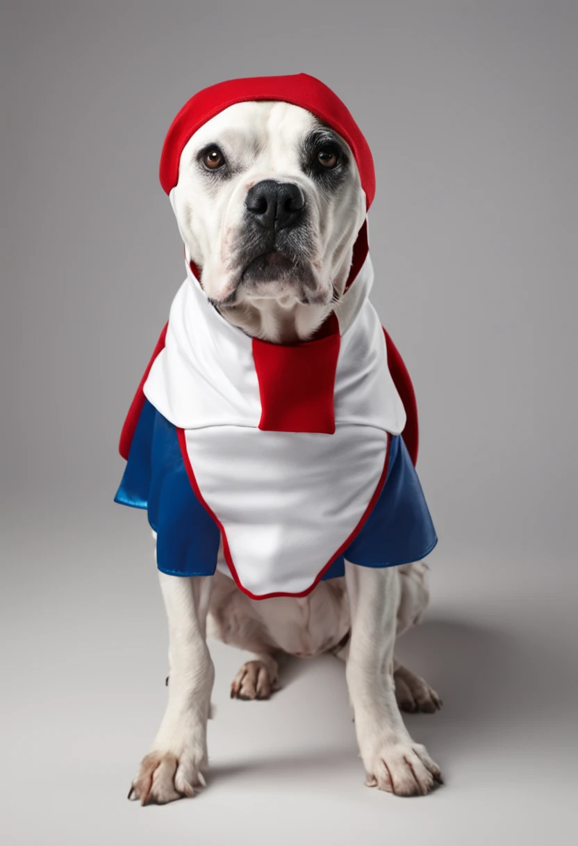 cachorro branco com capa vermelha de super heroi