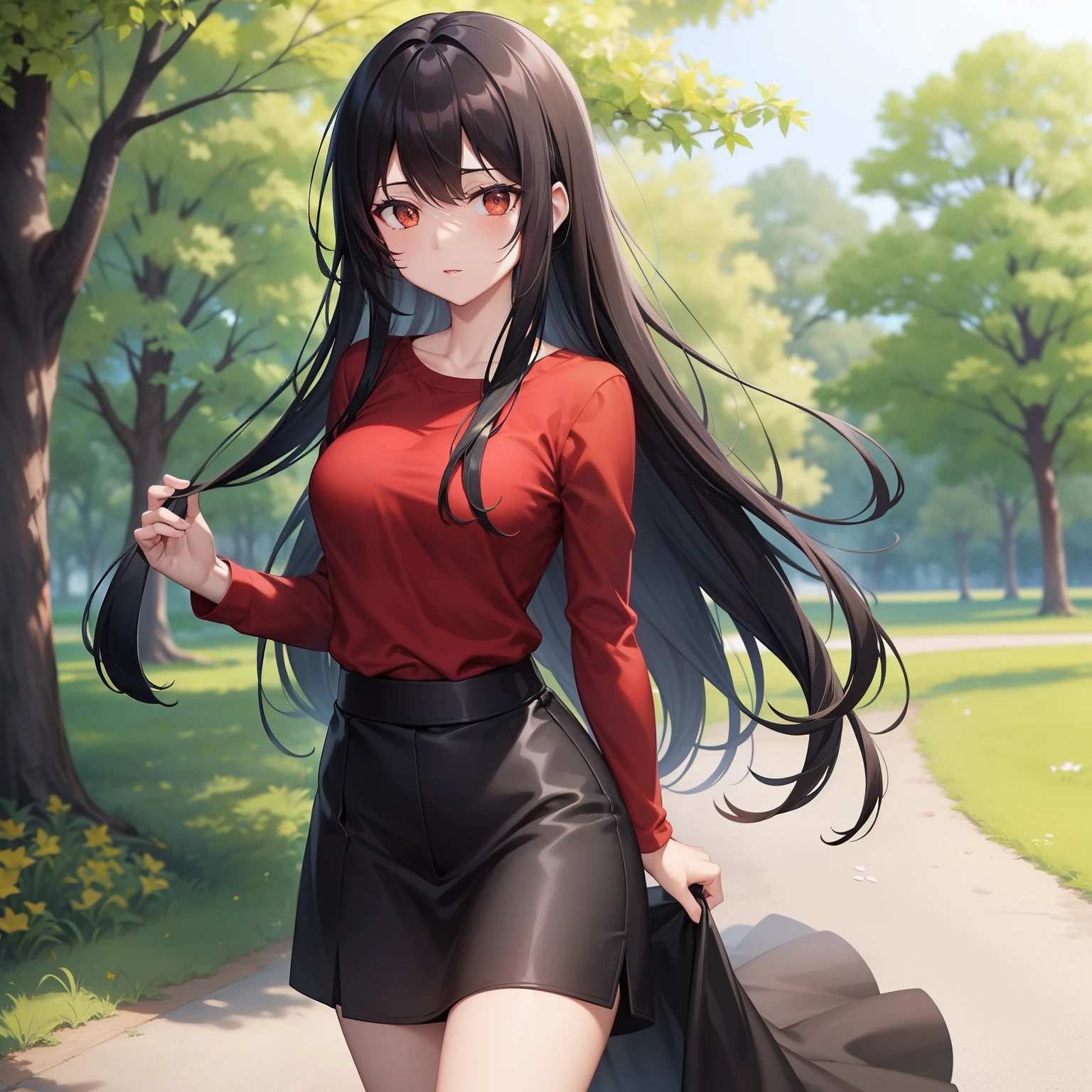 Garota,Long black hair, brown eyes, medium chest, red shirt, black skirt, walking in a park