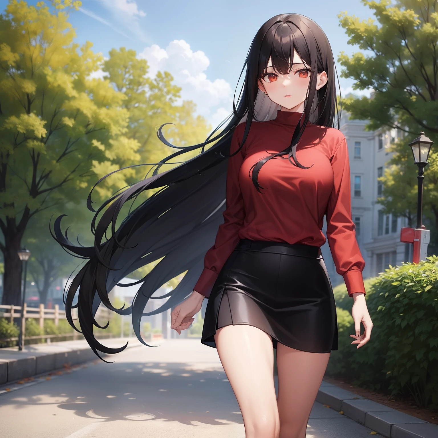 Garota,Long black hair, brown eyes, medium chest, red shirt, black skirt, walking in a park