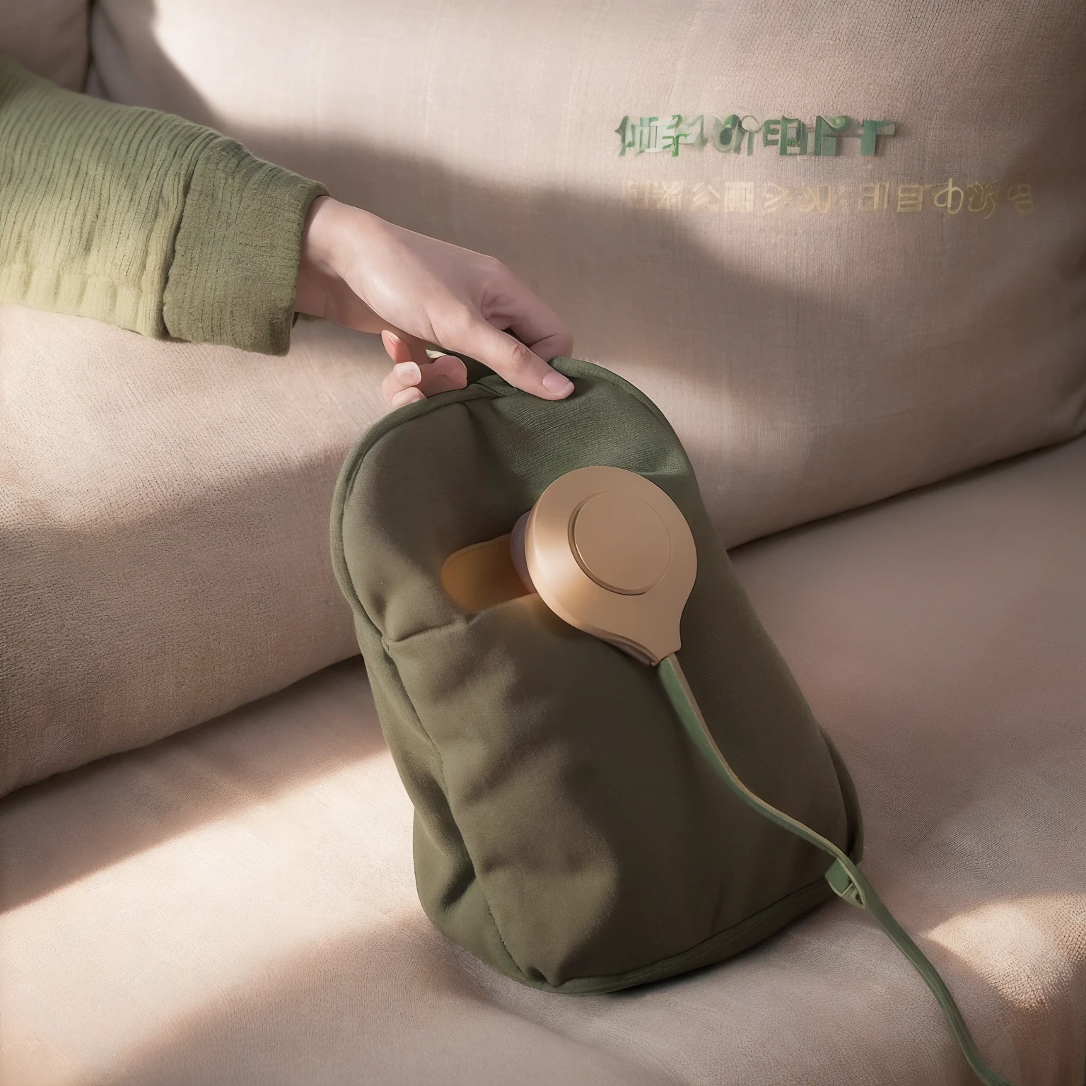 Someone is holding a green case with headphones, Product photo, soft - warm, warm, zun, designed for cozy aesthetics!, professional product photo, #Green, product image, Official product image, Lazy, product introduction photos, Wang Chen, high quality product photo, ( ( Dark green, flat, easy to use, nanquan，Hyper-realistic rendering，Divine sense top light，Cinematic lighting effects，Morning light on the product，Vray rendering，Hermès official poster，Sofa background，Warm feeling