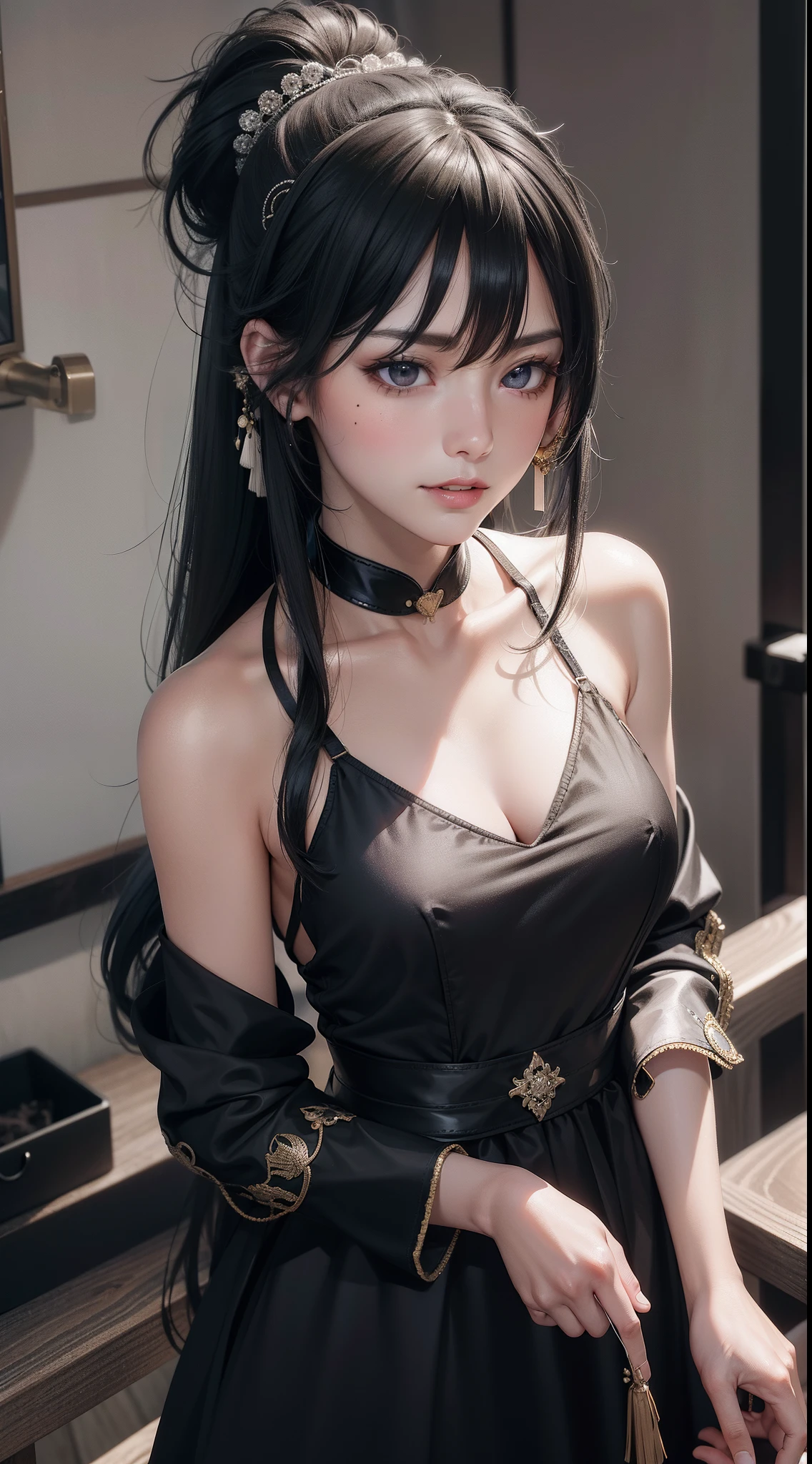 black hair, bangs, curtained hair, crossed bangs, long hair, messy hair, ponytail, very long hair, black hair, bangs, curtained hair, crossed bangs, long hair, messy hair, ponytail, very long hair, big hair, side bun, hair ears, tied hair, hair flaps, widow's peak, tiara, hair ribbon, kanzashi, hairpods, white hairband, mole under eye, raised eyebrows, eyeball, evil smile, crazy, shy, frown, jitome, gloom (expression), seductive smile, anime, Minimalism, anime style, anime, Minimalism, anime style, pov, from above, UHD, retina, masterpiece, ccurate, textured skin, super detail, high quality, high details, award winning, best quality, highres, 16k, UHD, retina, masterpiece, ccurate, textured skin, super detail, high quality, high details, award winning, best quality, highres, 16k