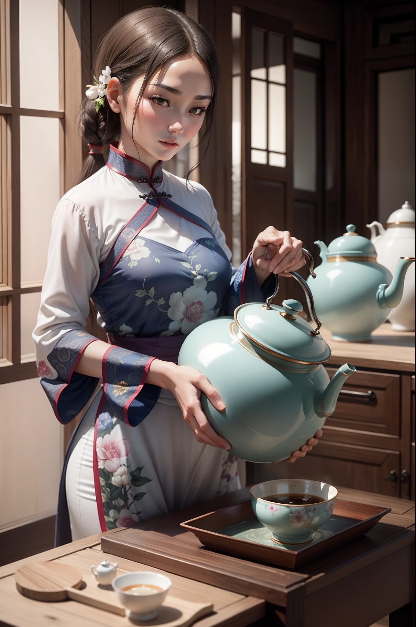 Chinese porcelain,kettle,woman